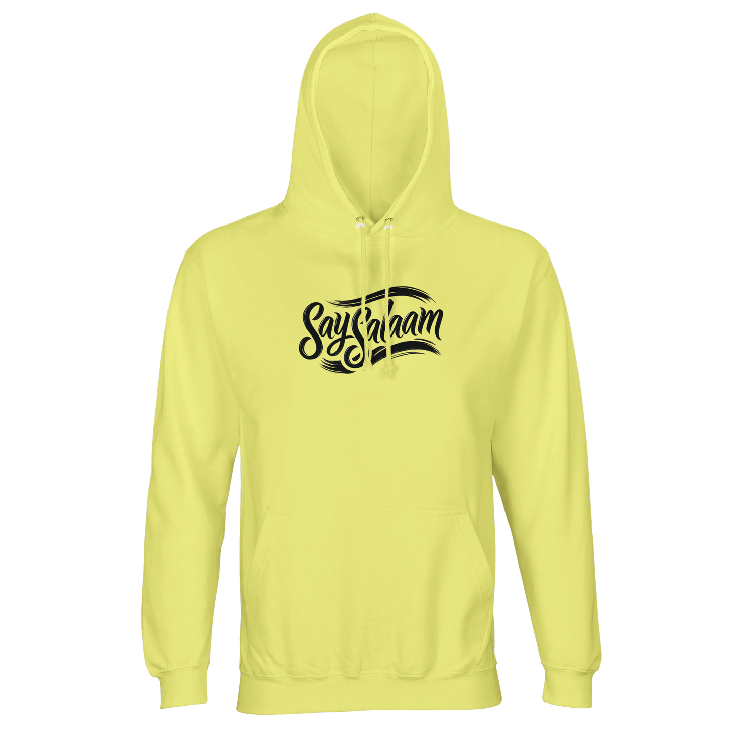 Light Yellow / Lemon Chiffon Say Salaam Classic part-recycled unisex hooded top with a black Say Salaam script logo across the chest, pairing a bright, soft base with a branded graphic. The warm pastel tone gives modest wear a lighter, upbeat feel while keeping the message readable and central. Built as everyday Muslim clothing for relaxed streetwear, layering, and comfort through cool evenings. A brushed, cosy hooded jumper with good-value appeal for an Islamic shop selection of clothes Muslims wear.