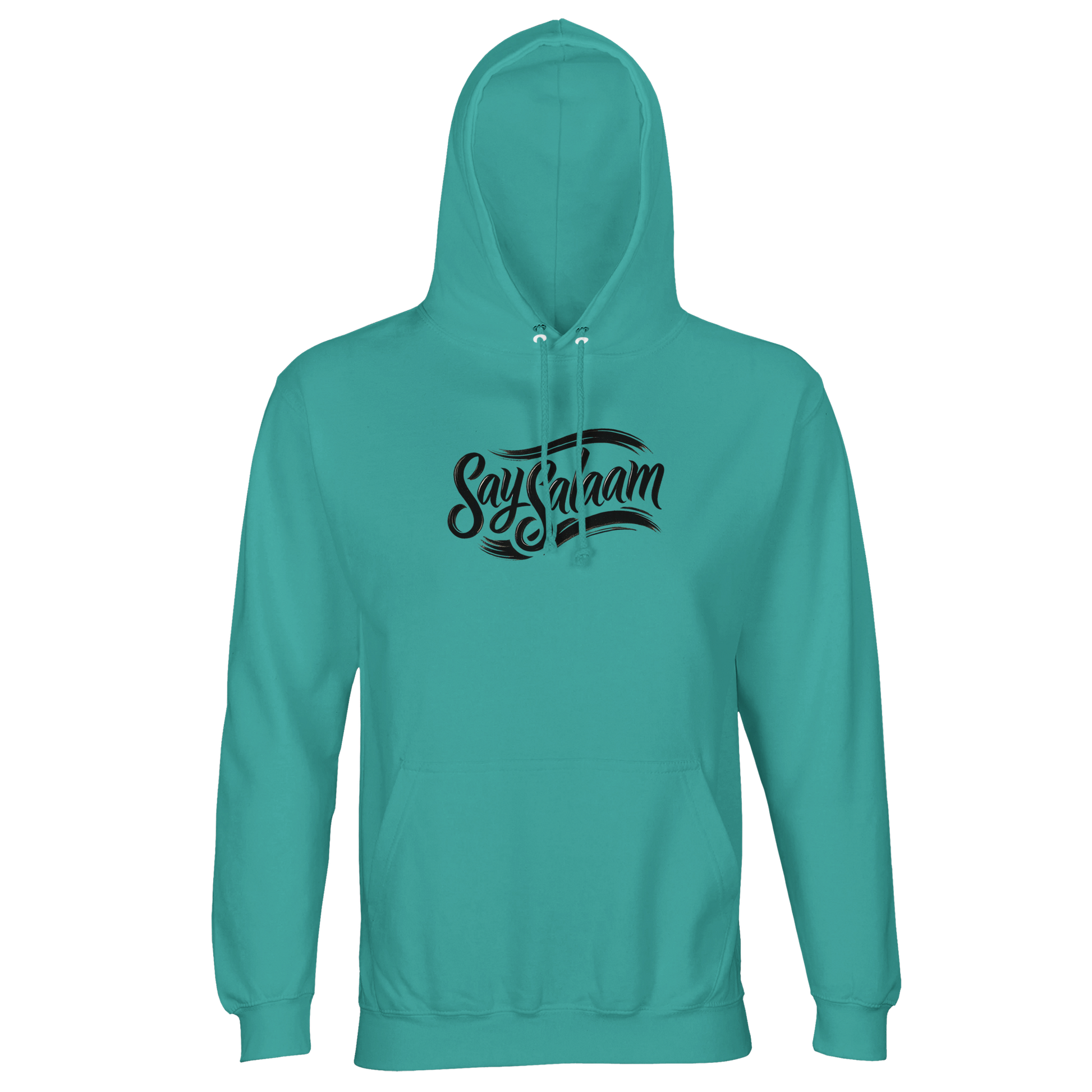 Pool Blue / Light Sea Green Say Salaam Classic part-recycled unisex hooded top with the branded ‘Say Salaam’ script logo printed across the chest in black, contrasted against a pool-blue tone that feels fresh, calm, and modern. The centred graphic gives modest apparel a clear identity piece. A wearable Muslim clothing staple for everyday fits, layering, and travel days, with a warm brushed feel for comfort. Good value from an Islamic shop selection focused on clothes Muslims wear.
