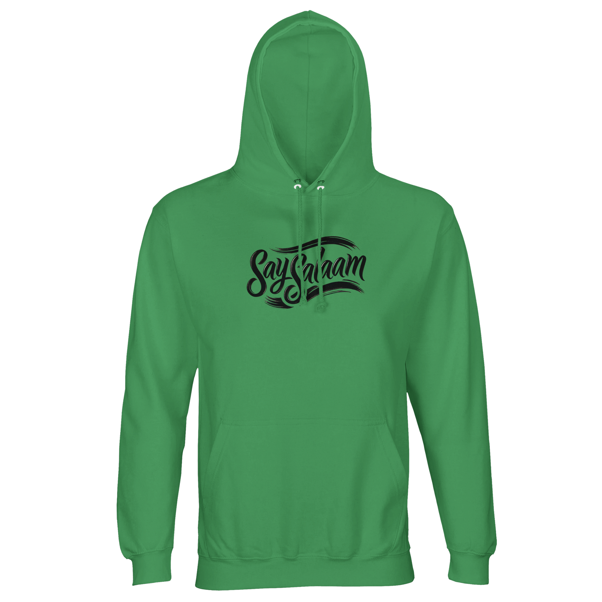 Spring Green / Sea Green / Eucalyptus Say Salaam Classic part-recycled unisex hooded top featuring the branded ‘Say Salaam’ script logo in black across the chest, matched with a fresh green base that feels clean, modern, and wearable. The graphic is centred and legible, giving modest wear a confident street look. Ideal Muslim clothing for daily layering and relaxed outfits, with a brushed, cosy feel for cooler moments. A good-value hooded sweatshirt from an Islamic shop range of clothes Muslims wear.
