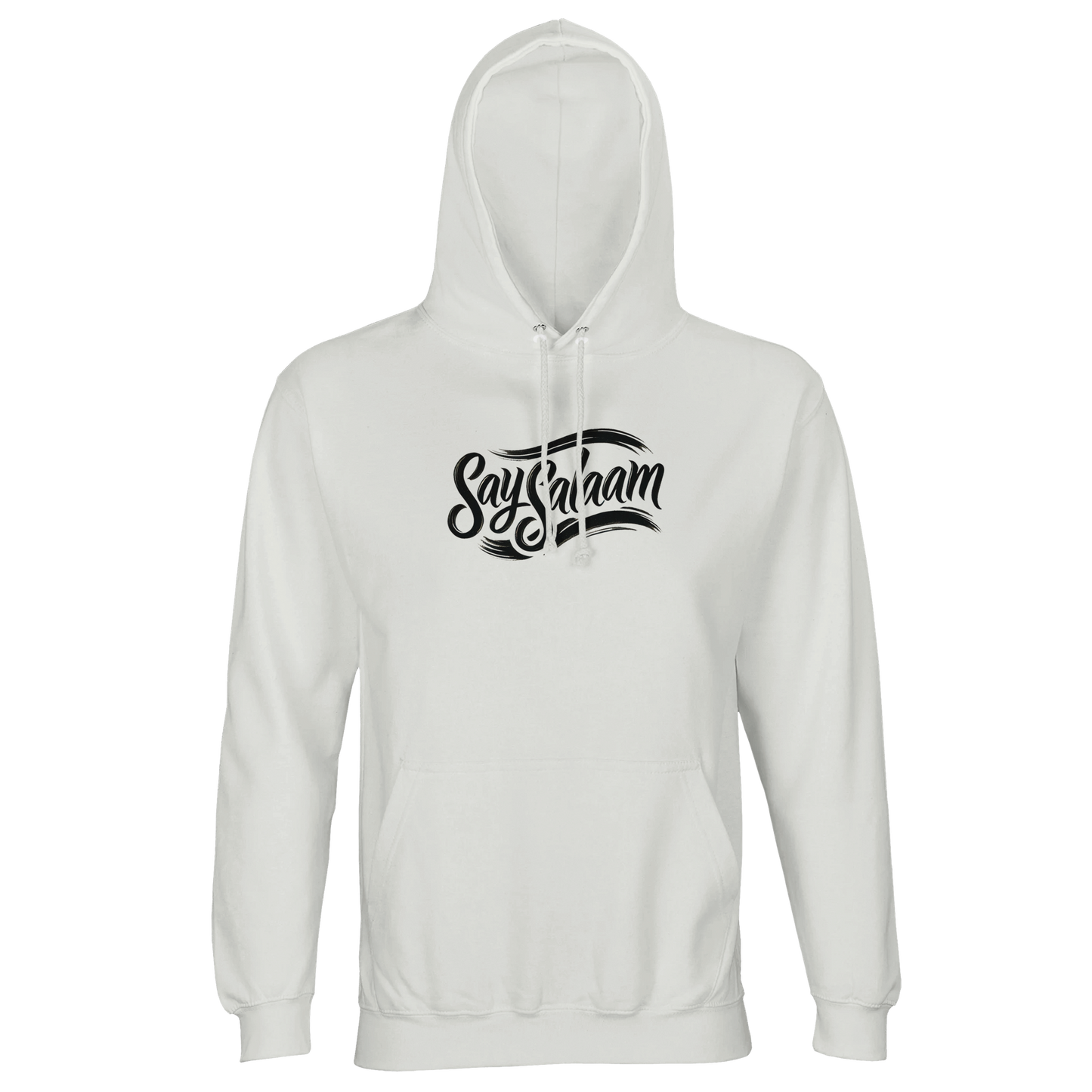 White / Platinum Say Salaam Classic part-recycled unisex hooded top with a bold, branded Say Salaam script logo printed across the chest in black, giving a clean streetwear look that sits comfortably within Muslim clothing and modest wear. The light base keeps the lettering crisp and high-contrast for everyday styling. A practical sweatshirt with a hood, brushed fleece feel for warmth, and a solid, good-value staple for an Islamic shop edit of clothes Muslims wear.