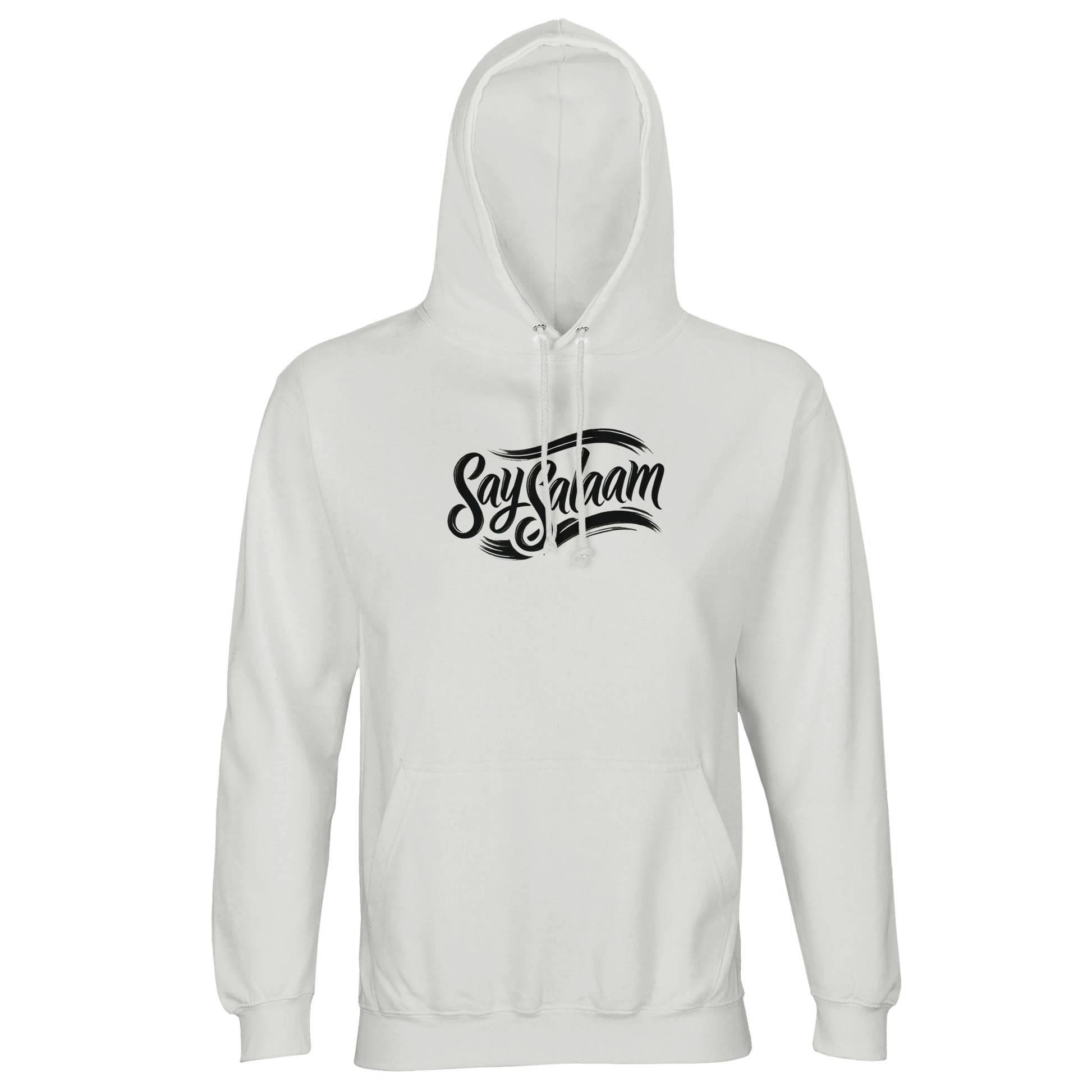 White / Platinum Say Salaam Classic part-recycled unisex hooded top with a bold, branded Say Salaam script logo printed across the chest in black, giving a clean streetwear look that sits comfortably within Muslim clothing and modest wear. The light base keeps the lettering crisp and high-contrast for everyday styling. A practical sweatshirt with a hood, brushed fleece feel for warmth, and a solid, good-value staple for an Islamic shop edit of clothes Muslims wear.