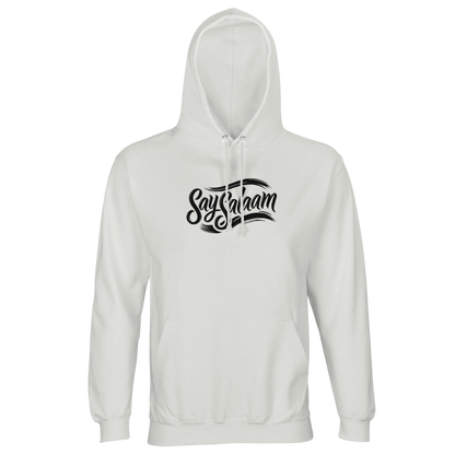 White / Platinum Say Salaam Classic part-recycled unisex hooded top with a bold, branded Say Salaam script logo printed across the chest in black, giving a clean streetwear look that sits comfortably within Muslim clothing and modest wear. The light base keeps the lettering crisp and high-contrast for everyday styling. A practical sweatshirt with a hood, brushed fleece feel for warmth, and a solid, good-value staple for an Islamic shop edit of clothes Muslims wear.