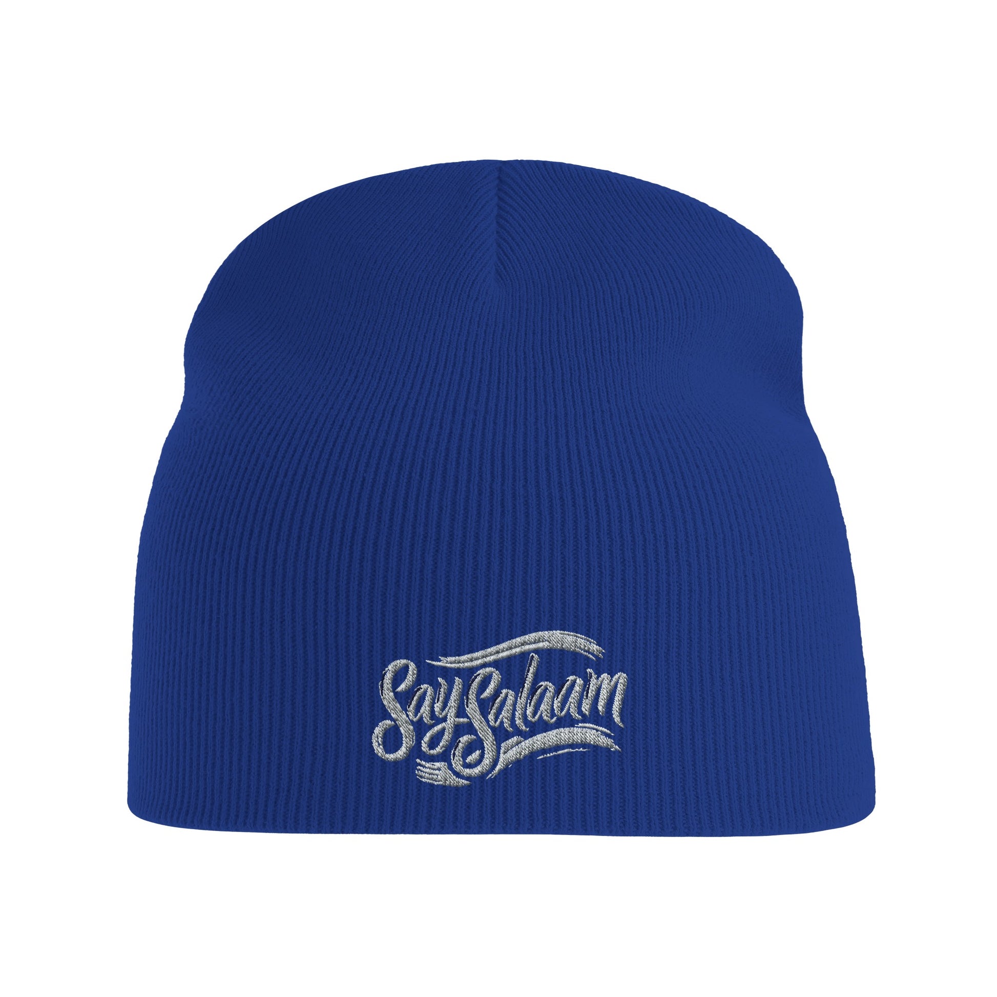 Say Salaam Classic Recycled Beanie Hat – Bright Royal / Lapis Blue with white logo. A winter hat / soft Muslim-type modest, ethical fashion wooly hat. An rPET-made alternative to a taqiyah, kufi or topi, this simple prayer-ready knit is one of the hats Muslims wear for warmth, faith and style or being Islamic. Great for salah, bad hair days or cold heads. Beenie, beany, beeny – however you write it, this is a basic streetwear essential for men in winter, or ladies, who google hats and say assalamalaikum.