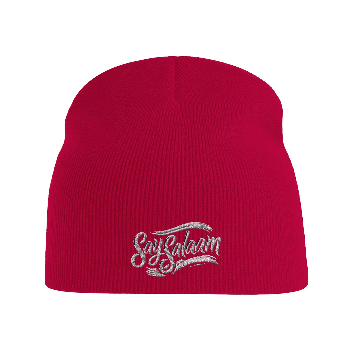 Say Salaam Classic Recycled Beanie Hat – Classic Red / Shiraz with white logo. A winter hat / soft Muslim-type modest, ethical fashion wooly hat. An rPET-made alternative to a taqiyah, kufi or topi, this simple prayer-ready knit is one of the hats Muslims wear for warmth, faith and style or being Islamic. Great for salah, bad hair days or cold heads. Beenie, beany, beeny – however you write it, this is a basic streetwear essential for men in winter, or ladies, who google hats and say assalaam alaikum.