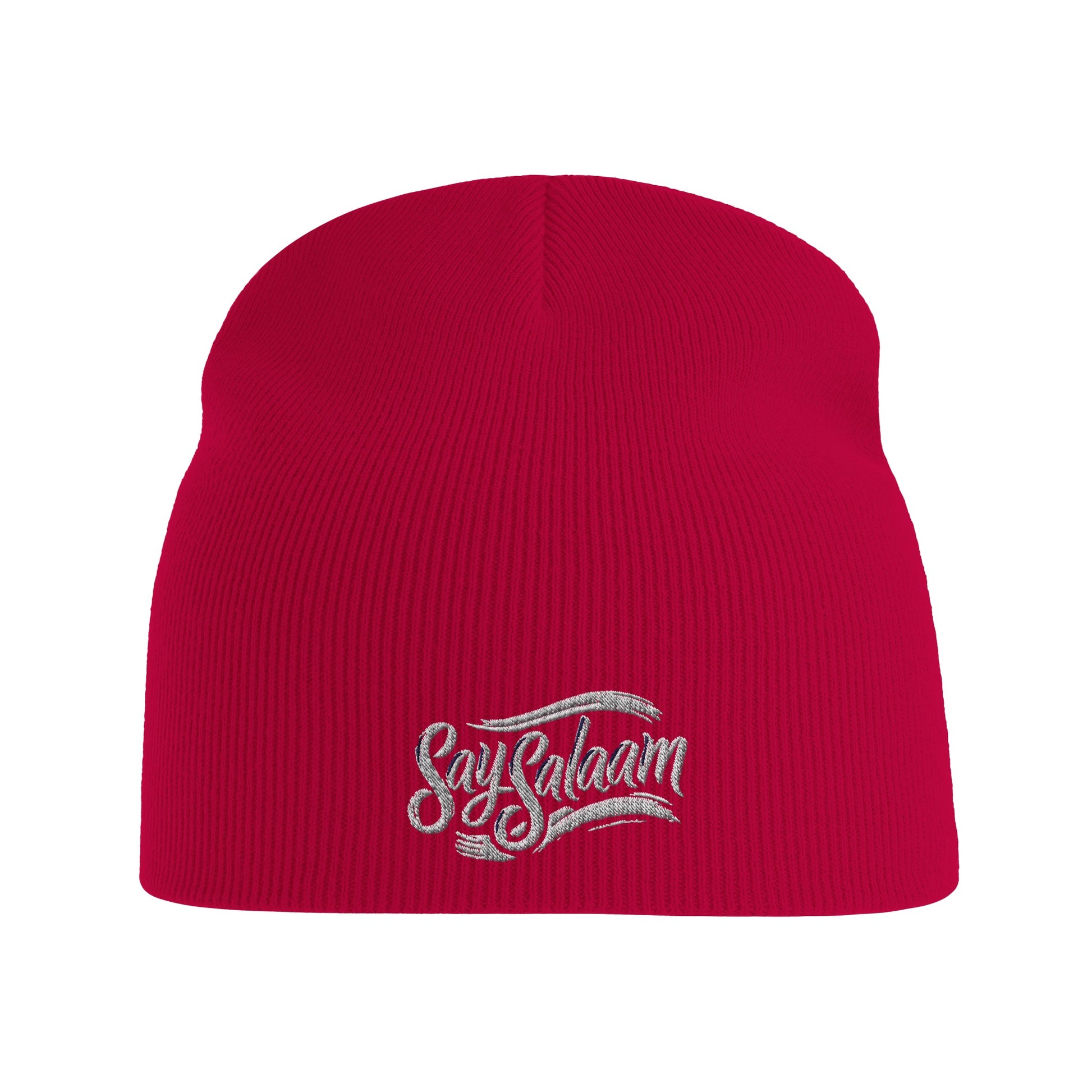 Say Salaam Classic Recycled Beanie Hat – Classic Red / Shiraz with white logo. A winter hat / soft Muslim-type modest, ethical fashion wooly hat. An rPET-made alternative to a taqiyah, kufi or topi, this simple prayer-ready knit is one of the hats Muslims wear for warmth, faith and style or being Islamic. Great for salah, bad hair days or cold heads. Beenie, beany, beeny – however you write it, this is a basic streetwear essential for men in winter, or ladies, who google hats and say assalaam alaikum.