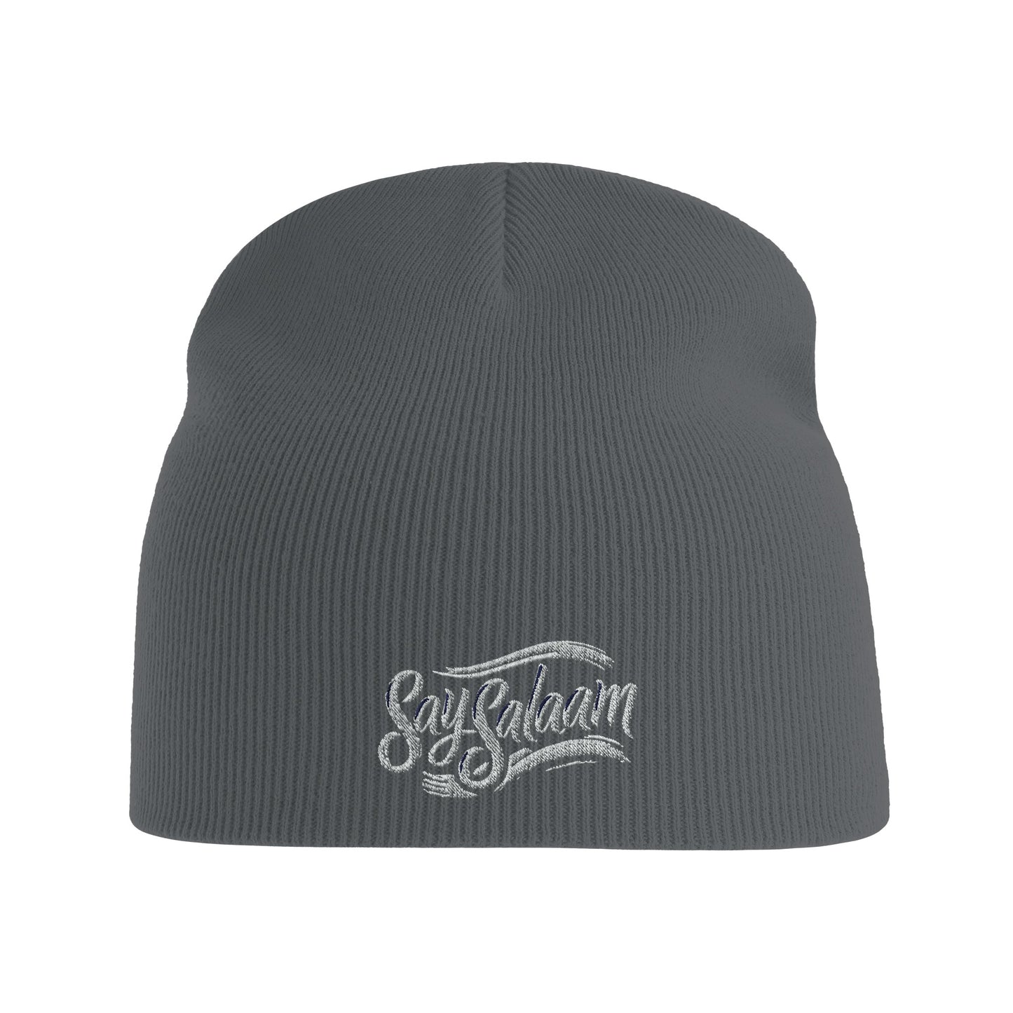 Say Salaam Classic Recycled Beanie Hat – Graphite Grey / Davy Grey with white logo. A winter hat / soft Muslim-type modest, ethical fashion wooly hat. An rPET-made alternative to a taqiyah, kufi or topi, this simple prayer-ready knit is one of the hats Muslims wear for warmth, faith and style or being Islamic. Great for salah, bad hair days or cold heads. Beenie, beany, beeny – however you write it, this is a basic streetwear essential for men in winter, or ladies, who google hats and say salam alaikum.