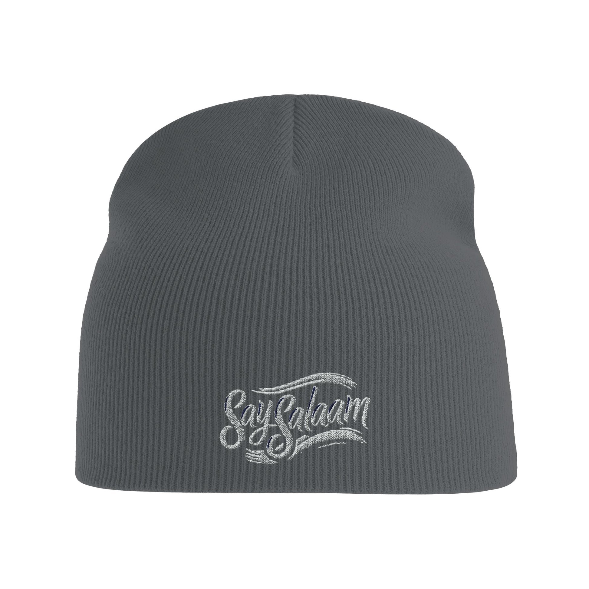 Say Salaam Classic Recycled Beanie Hat – Graphite Grey / Davy Grey with white logo. A winter hat / soft Muslim-type modest, ethical fashion wooly hat. An rPET-made alternative to a taqiyah, kufi or topi, this simple prayer-ready knit is one of the hats Muslims wear for warmth, faith and style or being Islamic. Great for salah, bad hair days or cold heads. Beenie, beany, beeny – however you write it, this is a basic streetwear essential for men in winter, or ladies, who google hats and say salam alaikum.