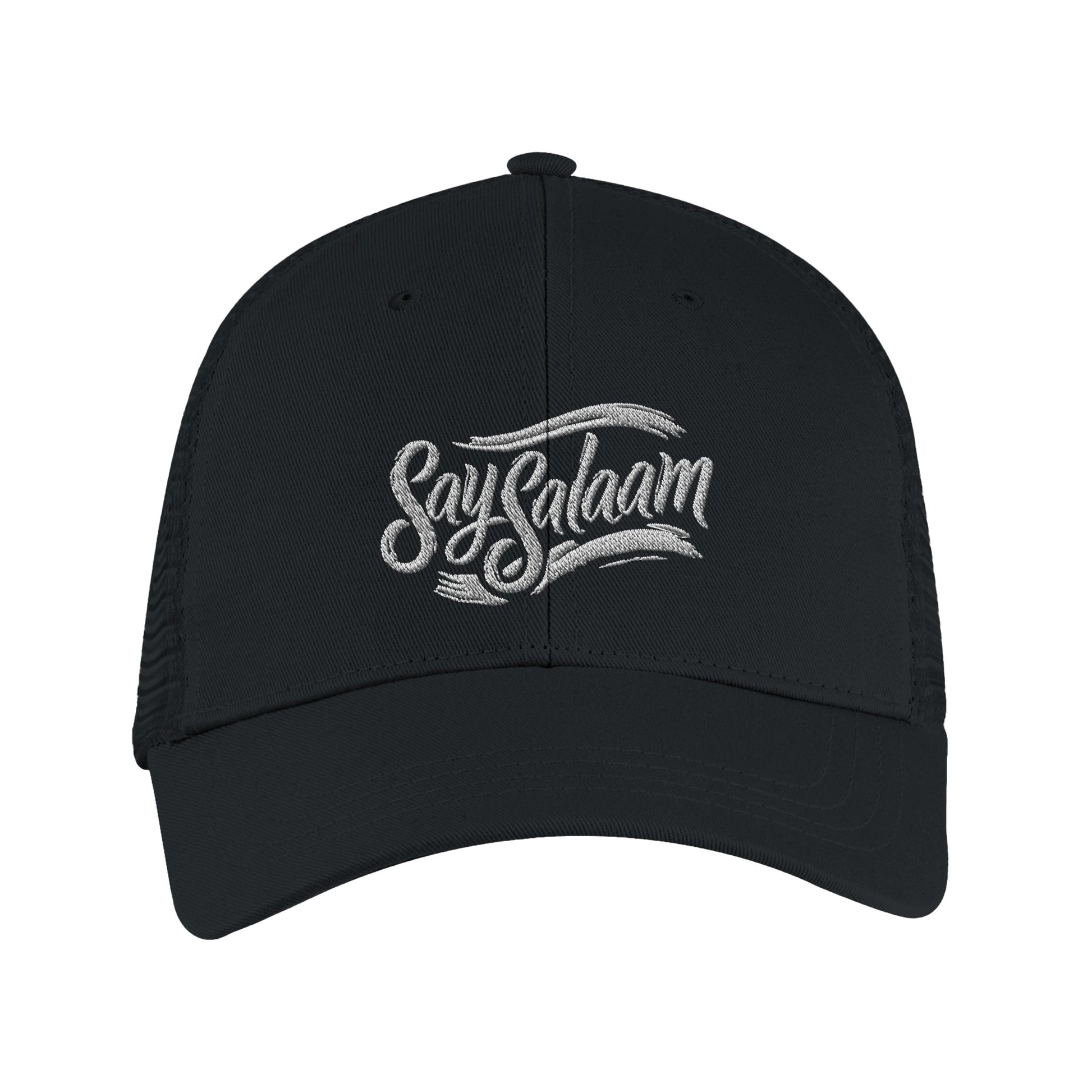 Say Salaam Classic Recycled Cap in Black featuring tonal embroidered Say Salaam script on a classic six-panel silhouette with curved peak. Produced using 100% GRS certified recycled polyester with breathable recycled mesh rear panels for all-day wear. Snapback size adjuster allows a comfortable, adaptable fit. A sustainable, minimalist cap designed for modest fashion, casual clothing, travel days, gifting, and everyday wear, streetwear look, neutral outfits, and essential wardrobe pieces with a clean finish