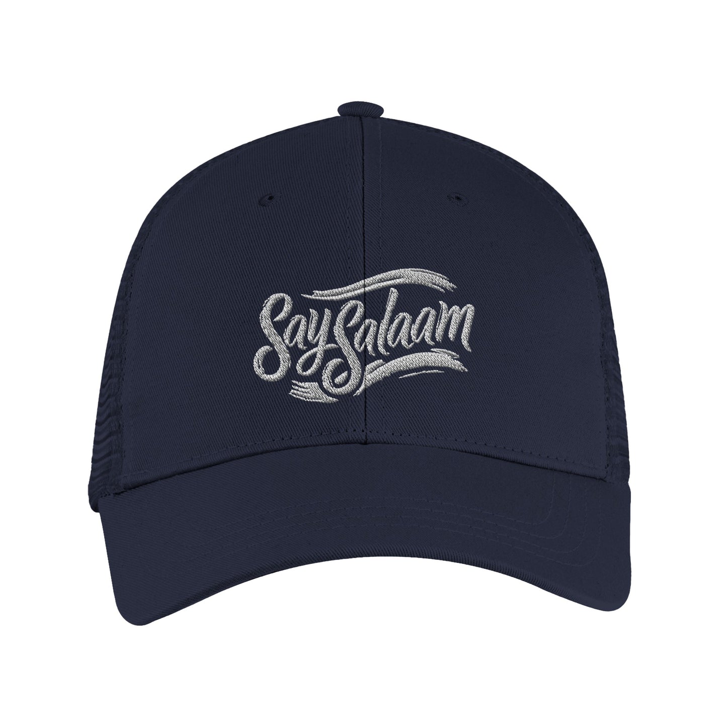 Say Salaam Classic Recycled Cap in French Navy with clean embroidered Say Salaam lettering on a structured s6-panel design and pre-curved peak. Crafted from 100% GRS certified recycled polyester and finished with breathable recycled mesh back panels for lightweight comfort. Adjustable snapback fastening delivers a secure, versatile fit for most head sizes. Sustainable everyday cap suited to modest streetwear, casual outfits, travel, gifting, & easy layering with minimalist clothing, neutral, relaxed colours