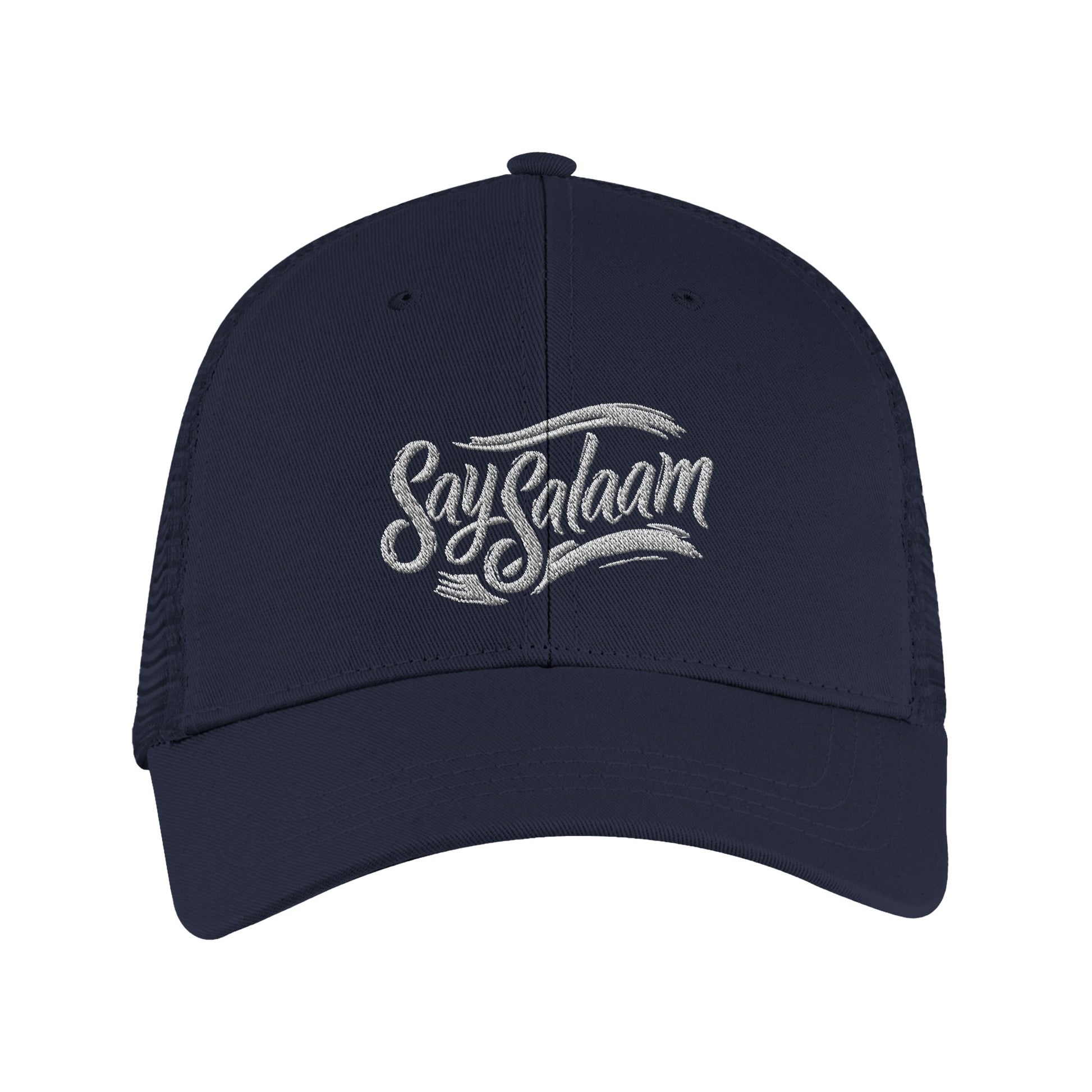 Say Salaam Classic Recycled Cap in French Navy with clean embroidered Say Salaam lettering on a structured s6-panel design and pre-curved peak. Crafted from 100% GRS certified recycled polyester and finished with breathable recycled mesh back panels for lightweight comfort. Adjustable snapback fastening delivers a secure, versatile fit for most head sizes. Sustainable everyday cap suited to modest streetwear, casual outfits, travel, gifting, & easy layering with minimalist clothing, neutral, relaxed colours