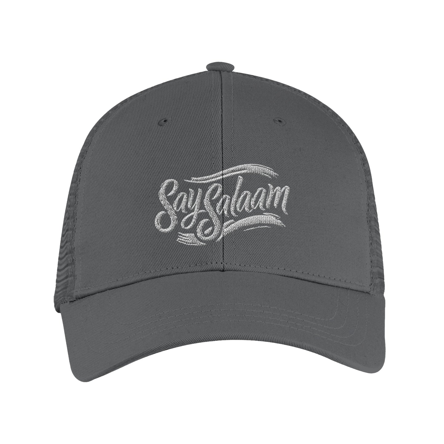 Say Salaam Classic Recycled Cap in Graphite Grey featuring minimalist embroidered Say Salaam script on a structured six-panel crown with curved peak. Made from 100% GRS certified recycled polyester with breathable recycled mesh rear panels for everyday comfort. Adjustable snapback closure, easy, flexible fit, casual wear, streetwear, travel & outdoors. A sustainable, understated hat designed for modest fashion, gifting, and daily clothing rotation, pairing easily with hoodies, t-shirts, jackets & essentials