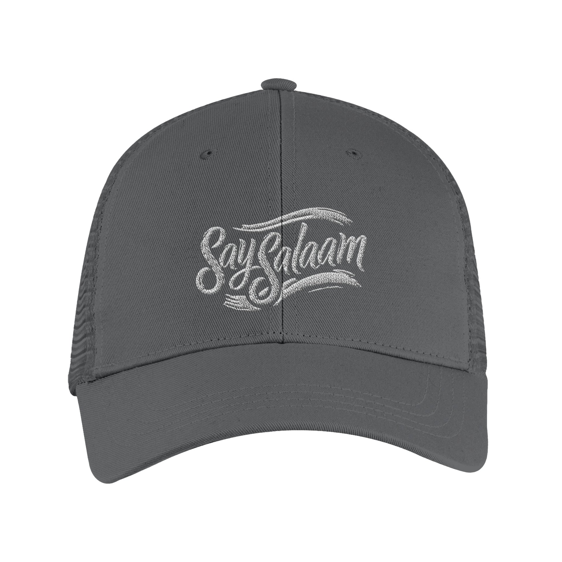 Say Salaam Classic Recycled Cap in Graphite Grey featuring minimalist embroidered Say Salaam script on a structured six-panel crown with curved peak. Made from 100% GRS certified recycled polyester with breathable recycled mesh rear panels for everyday comfort. Adjustable snapback closure, easy, flexible fit, casual wear, streetwear, travel & outdoors. A sustainable, understated hat designed for modest fashion, gifting, and daily clothing rotation, pairing easily with hoodies, t-shirts, jackets & essentials