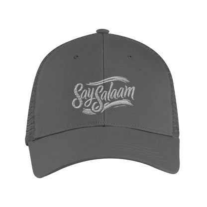Say Salaam Classic Recycled Cap in Graphite Grey featuring minimalist embroidered Say Salaam script on a structured six-panel crown with curved peak. Made from 100% GRS certified recycled polyester with breathable recycled mesh rear panels for everyday comfort. Adjustable snapback closure, easy, flexible fit, casual wear, streetwear, travel & outdoors. A sustainable, understated hat designed for modest fashion, gifting, and daily clothing rotation, pairing easily with hoodies, t-shirts, jackets & essentials