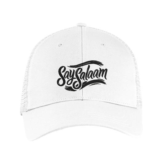 Say Salaam Classic Recycled Cap (light) – White / Platinum featuring embroidered ‘Say Salaam’ script across a curved front. Crafted from certified recycled polyester, this trucker-style cap combines environmental awareness with everyday modest streetwear. The six-panel design and breathable mesh back deliver cool comfort during sunny matchdays or casual walks to prayer. With a pre-curved peak and adjustable snapback closure, this unisex cap fits most head sizes - for Muslims who keep their Salaam visible.