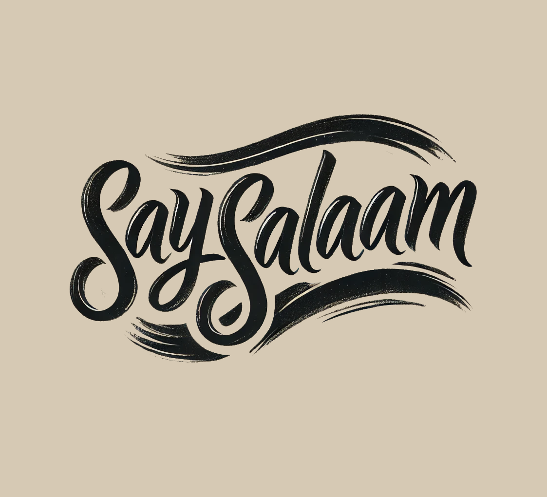 Say Salaam Clothing logo in artistic brushstroke typography. Black hand-lettered script with bold, flowing strokes on a beige background, evoking a modern yet traditional aesthetic. Represents faith, community, and stylish cultural expression in minimalist design.