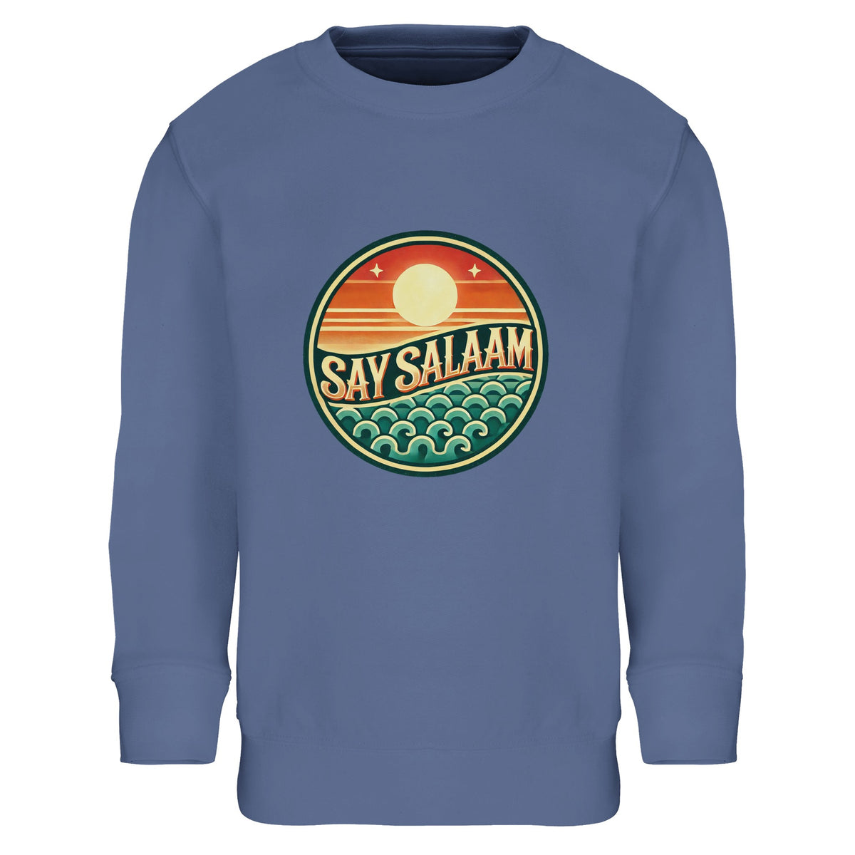 Say Salaam Sunset Glow Part-Recycled Cotton-Poly Kids Sweatshirt – 10Y. A 10Y sweatshirt with a Say Salaam graphic for Say Salaam fans. A casual clothing option for everyday outfits, fan-themed gifts and relaxed occasions.