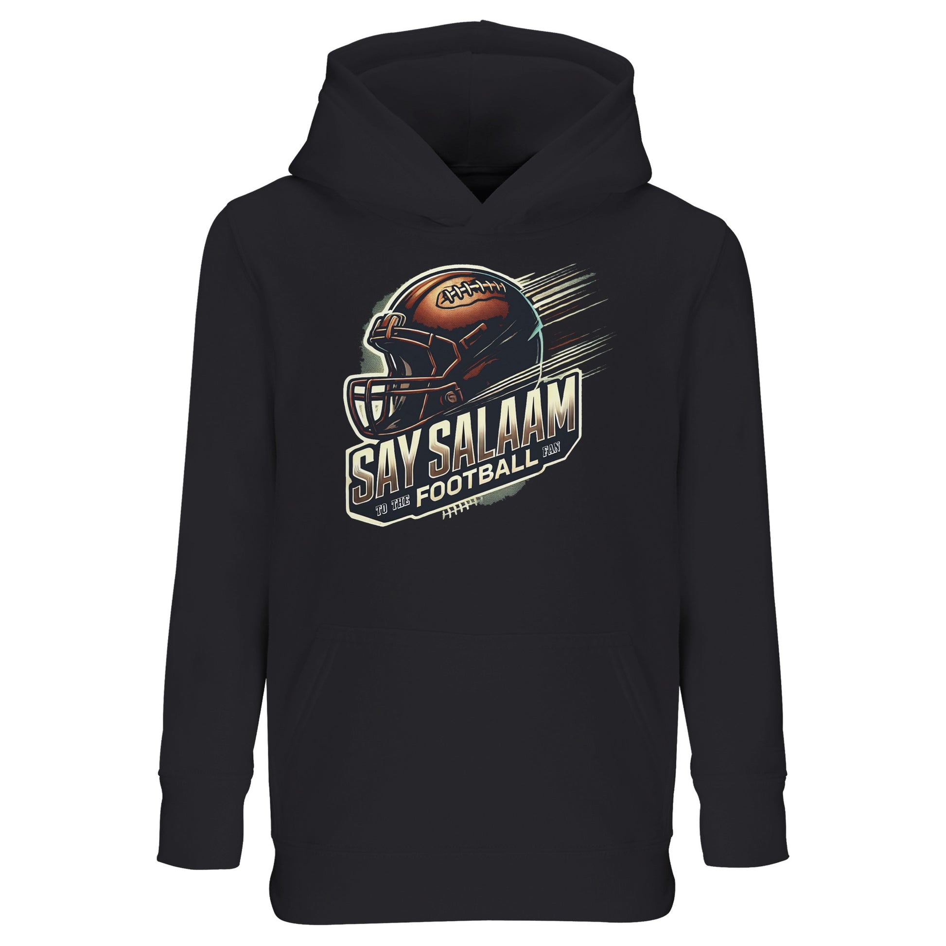 Say Salaam to the American Football Fan Design #1 Part-Recycled Cotton-Poly Kids Hoodie – Black / Deep Black. A timeless hoodie for future football fans who balance salah with snap counts. Made from soft, GRS-certified recycled fibres, this modest pullover features a bold gridiron design without loud branding. A faith-conscious fit for post-madrasa streaming, playground pick-ups, or layering up for late-night NFL showdowns. Built for belief and touchdowns alike.