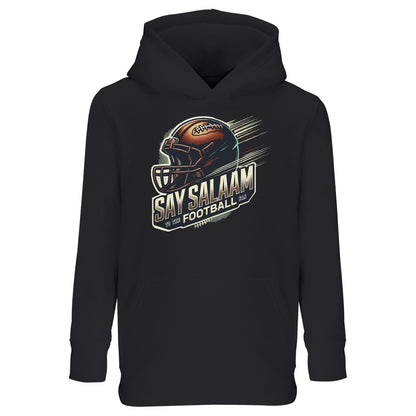 Say Salaam to the American Football Fan Design #1 Part-Recycled Cotton-Poly Kids Hoodie – Black / Deep Black. A timeless hoodie for future football fans who balance salah with snap counts. Made from soft, GRS-certified recycled fibres, this modest pullover features a bold gridiron design without loud branding. A faith-conscious fit for post-madrasa streaming, playground pick-ups, or layering up for late-night NFL showdowns. Built for belief and touchdowns alike.