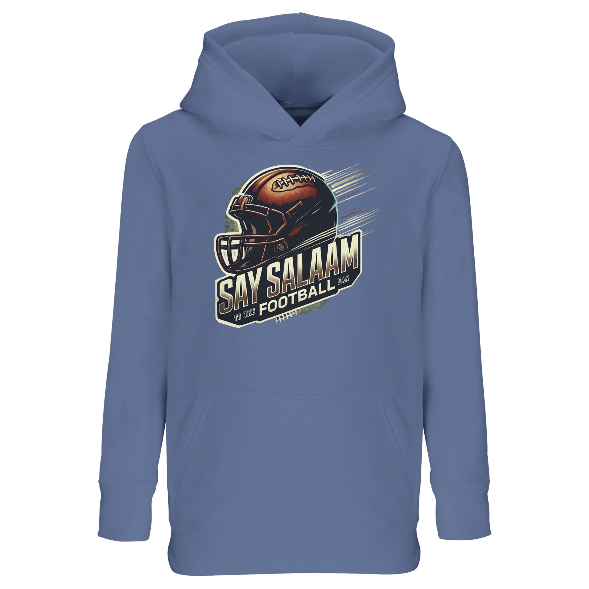 Say Salaam to the American Football Fan Design #1 Part-Recycled Cotton-Poly Kids Hoodie – Blue / Marble Blue. A cool-toned classic for modest youth who rewatch touchdowns between taraweeh and tuck in jerseys under school coats. Made from a soft recycled cotton-poly blend with a bold helmet graphic, this hoodie blends modesty, sport and comfort. Ideal for quiet fandom and halal streetwear vibes – without logos, sponsors or distractions. Just faith, flair, and football love.