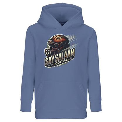Say Salaam to the American Football Fan Design #1 Part-Recycled Cotton-Poly Kids Hoodie – Blue / Marble Blue. A cool-toned classic for modest youth who rewatch touchdowns between taraweeh and tuck in jerseys under school coats. Made from a soft recycled cotton-poly blend with a bold helmet graphic, this hoodie blends modesty, sport and comfort. Ideal for quiet fandom and halal streetwear vibes – without logos, sponsors or distractions. Just faith, flair, and football love.
