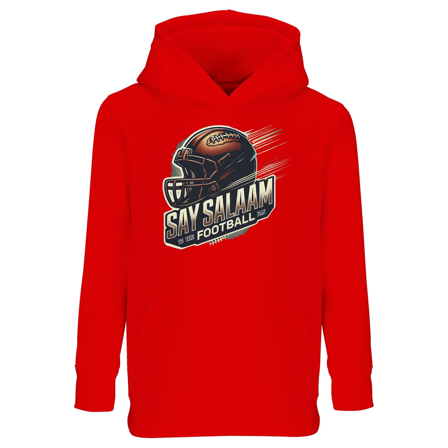 Say Salaam to the American Football Fan Design #1 Part-Recycled Cotton-Poly Kids Hoodie – Bright Red / Cardinal. A vibrant pullover made for kids who stream Sunday Night Football after salah and throw mini spirals in the park. Featuring a bold player silhouette and crafted from recycled cotton-poly, it’s warm, ethical, and modest – perfect for playground replays, pizza nights or cheering their team from the sofa. Halal hoodie vibes with a gridiron twist – no crest, just cool.