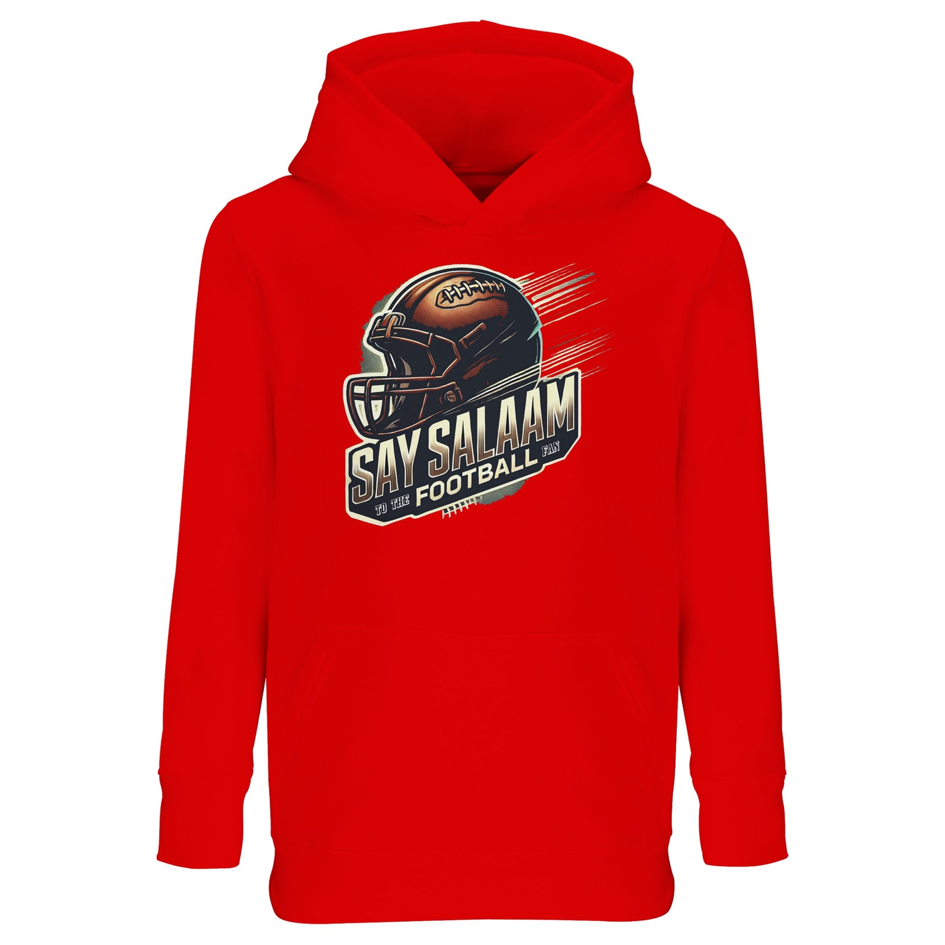 Say Salaam to the American Football Fan Design #1 Part-Recycled Cotton-Poly Kids Hoodie – Bright Red / Cardinal. A vibrant pullover made for kids who stream Sunday Night Football after salah and throw mini spirals in the park. Featuring a bold player silhouette and crafted from recycled cotton-poly, it’s warm, ethical, and modest – perfect for playground replays, pizza nights or cheering their team from the sofa. Halal hoodie vibes with a gridiron twist – no crest, just cool.