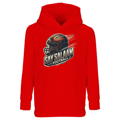 Say Salaam to the American Football Fan Design #1 Part-Recycled Cotton-Poly Kids Hoodie – Bright Red / Cardinal. A vibrant pullover made for kids who stream Sunday Night Football after salah and throw mini spirals in the park. Featuring a bold player silhouette and crafted from recycled cotton-poly, it’s warm, ethical, and modest – perfect for playground replays, pizza nights or cheering their team from the sofa. Halal hoodie vibes with a gridiron twist – no crest, just cool.