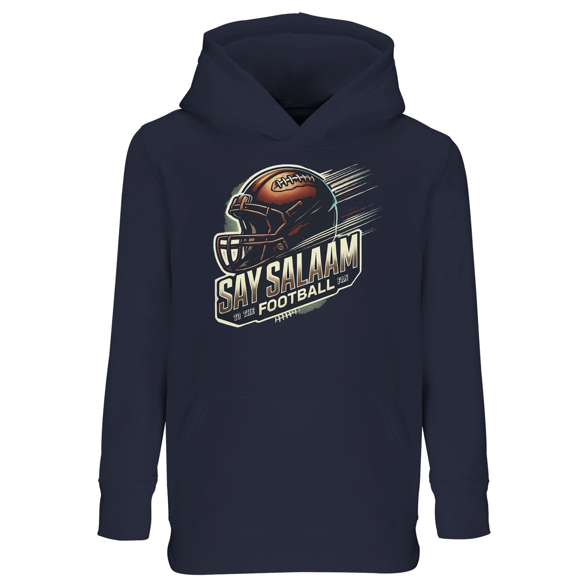Say Salaam to the American Football Fan Design #1 Part-Recycled Cotton-Poly Kids Hoodie – French Navy / Ebony Clay. A clean, modest hoodie for gridiron fans who watch NFL highlights after Quran class. Made from soft, GRS-certified recycled fibres, it offers warm, faith-friendly comfort with bold football art. Designed for young believers repping the game without a badge – just spiritual strength, touchdown energy, and school-to-salah-ready style stitched into every play.