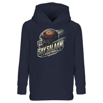 Say Salaam to the American Football Fan Design #1 Part-Recycled Cotton-Poly Kids Hoodie – French Navy / Ebony Clay. A clean, modest hoodie for gridiron fans who watch NFL highlights after Quran class. Made from soft, GRS-certified recycled fibres, it offers warm, faith-friendly comfort with bold football art. Designed for young believers repping the game without a badge – just spiritual strength, touchdown energy, and school-to-salah-ready style stitched into every play.