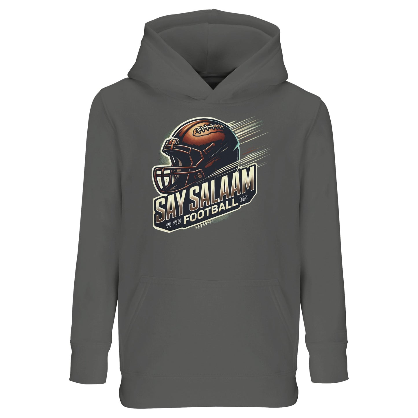 Say Salaam to the American Football Fan Design #1 Part-Recycled Cotton-Poly Kids Hoodie – Grey Melange / Heather Grey. For young NFL fans who pray before kick-off and rock football gear with modest flair. This soft, neutral-toned hoodie is made from GRS-certified recycled fibres and features a bold gridiron graphic. Warm enough for cold stadium streams, stylish enough for Jumu’ah, and comfy enough for school days – it’s American football gear stitched with faith and fashion.