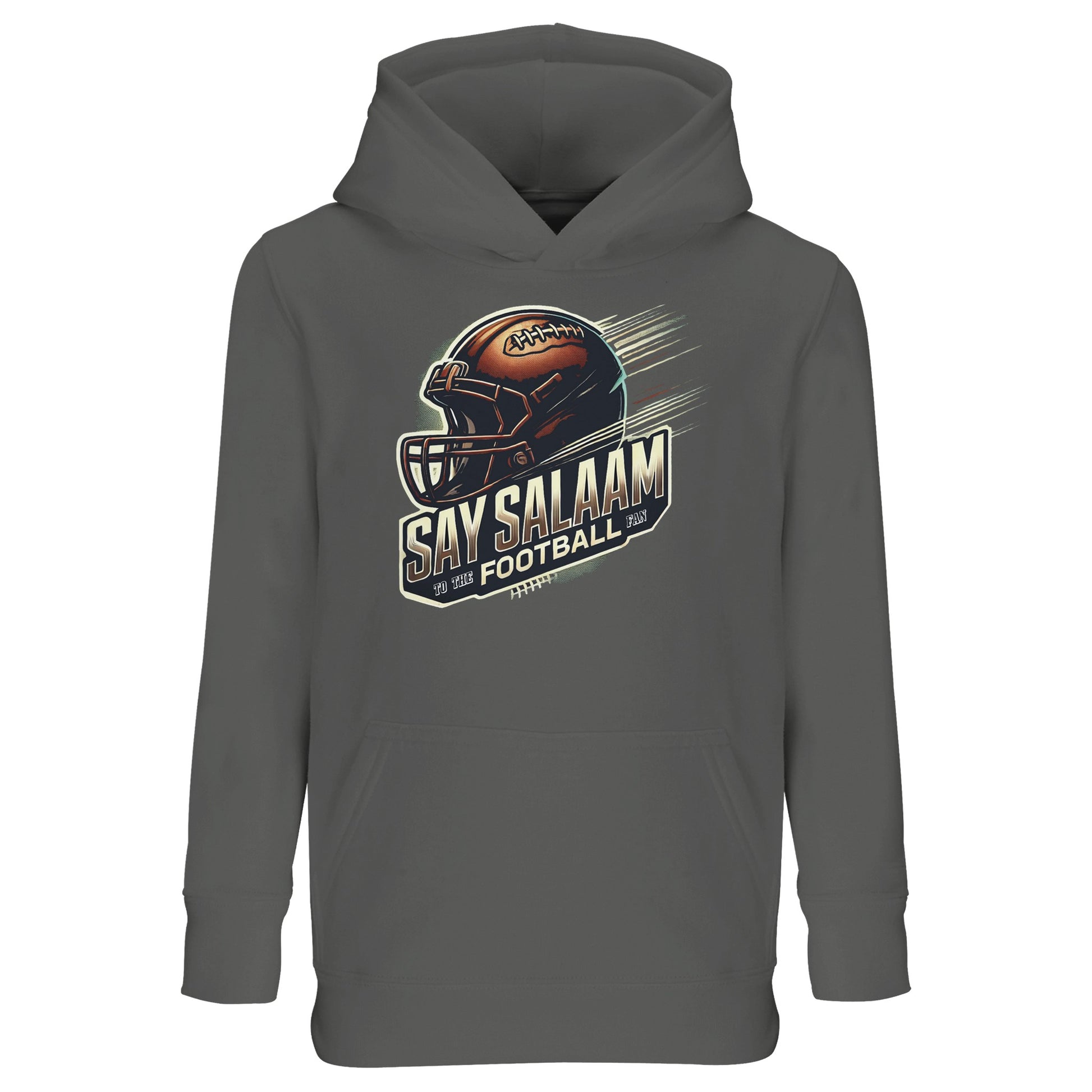 Say Salaam to the American Football Fan Design #1 Part-Recycled Cotton-Poly Kids Hoodie – Grey Melange / Heather Grey. For young NFL fans who pray before kick-off and rock football gear with modest flair. This soft, neutral-toned hoodie is made from GRS-certified recycled fibres and features a bold gridiron graphic. Warm enough for cold stadium streams, stylish enough for Jumu’ah, and comfy enough for school days – it’s American football gear stitched with faith and fashion.