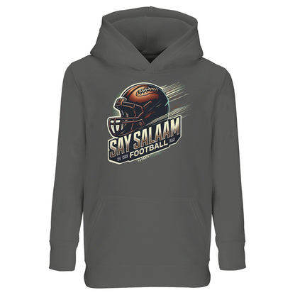 Say Salaam to the American Football Fan Design #1 Part-Recycled Cotton-Poly Kids Hoodie – Grey Melange / Heather Grey. For young NFL fans who pray before kick-off and rock football gear with modest flair. This soft, neutral-toned hoodie is made from GRS-certified recycled fibres and features a bold gridiron graphic. Warm enough for cold stadium streams, stylish enough for Jumu’ah, and comfy enough for school days – it’s American football gear stitched with faith and fashion.