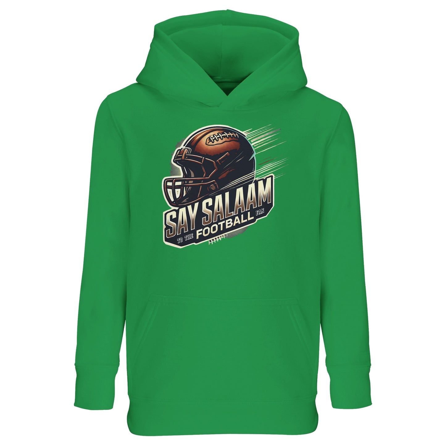 Say Salaam to the American Football Fan Design #1 Part-Recycled Cotton-Poly Kids Hoodie – Kelly Green / Spring Green. For young football fans who learn their du’as alongside QB stats and say bismillah before every toss. This bright green hoodie is ethically made from recycled fibres and lined for comfort. Featuring bold, badge-free artwork, it’s perfect for late-night replays, post-salah hangouts, or casual days with a modest twist. Built for sport, stitched with purpose.