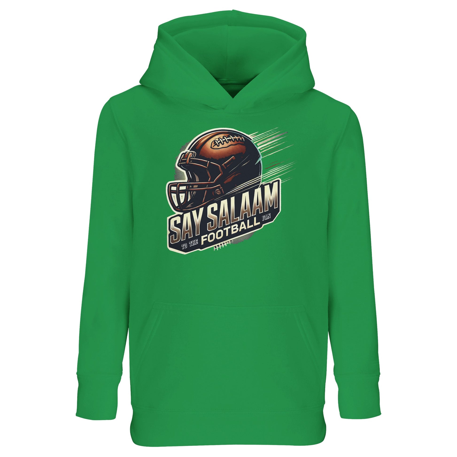 Say Salaam to the American Football Fan Design #1 Part-Recycled Cotton-Poly Kids Hoodie – Kelly Green / Spring Green. For young football fans who learn their du’as alongside QB stats and say bismillah before every toss. This bright green hoodie is ethically made from recycled fibres and lined for comfort. Featuring bold, badge-free artwork, it’s perfect for late-night replays, post-salah hangouts, or casual days with a modest twist. Built for sport, stitched with purpose.