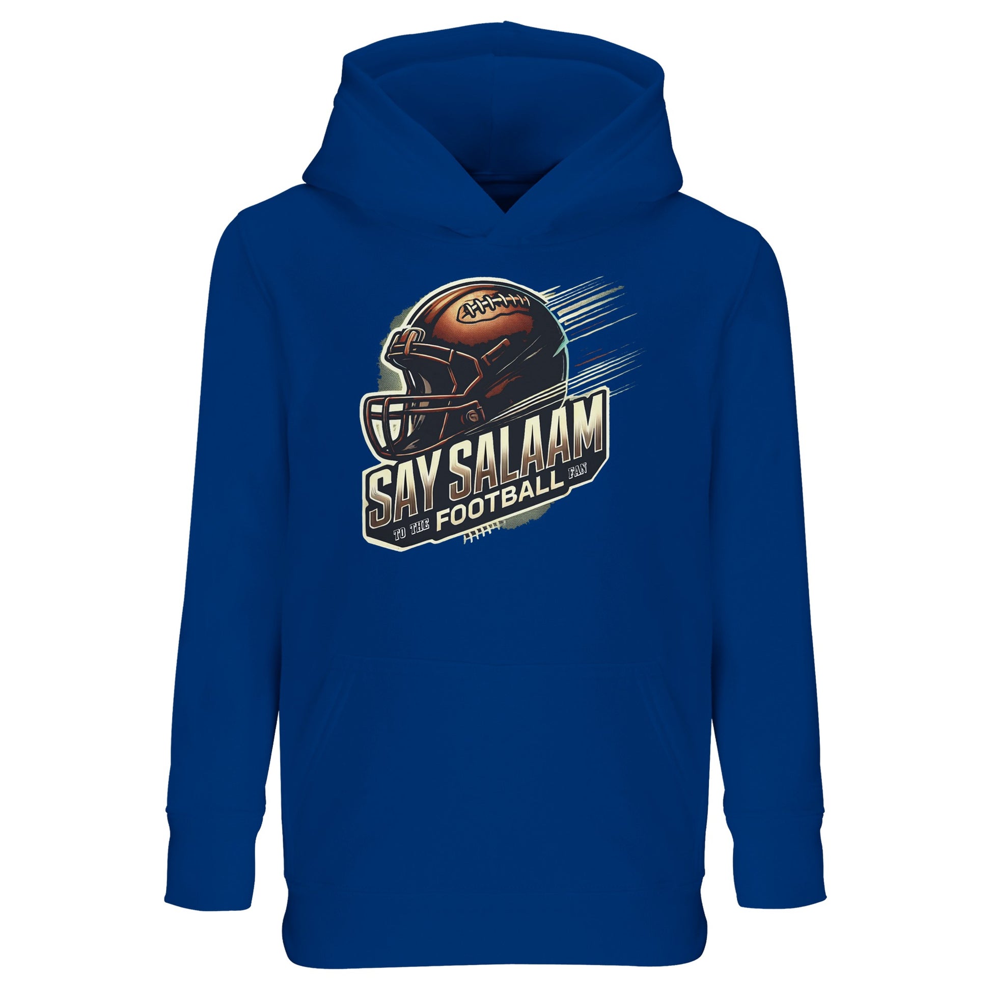 Say Salaam to the American Football Fan Design #1 Part-Recycled Cotton-Poly Kids Hoodie – Royal Blue / Waikawa Blue. A bold blue hoodie for children who cheer on their favourite teams from prayer mat to matchday. With soft fleece lining and part-recycled fabric, this modest pullover brings together touchdown dreams and ethical streetwear. Graphic-packed and badge-free, it’s ideal for football replays between du’as or warming up before a kick-about in the park.