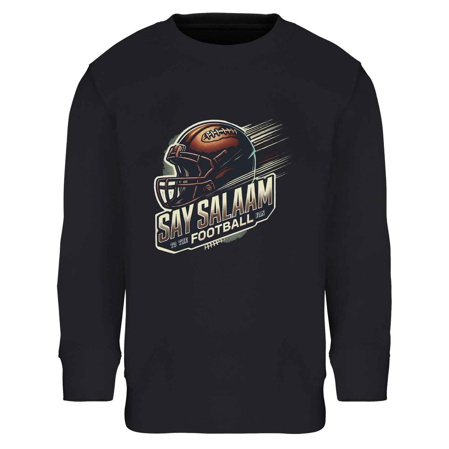 Say Salaam to the American Football Fan Design #1 Part-Recycled Cotton-Poly Kids Sweatshirt – Black / Deep Black. A bold long-sleeved jumper featuring graphic helmet and ball print. Ethically made with recycled fibres, this modest streetwear layer is durable and soft. Perfect for school, casual wear, prayers or cheering gridiron favourites. Sustainable fashion with American football spirit for young fans.