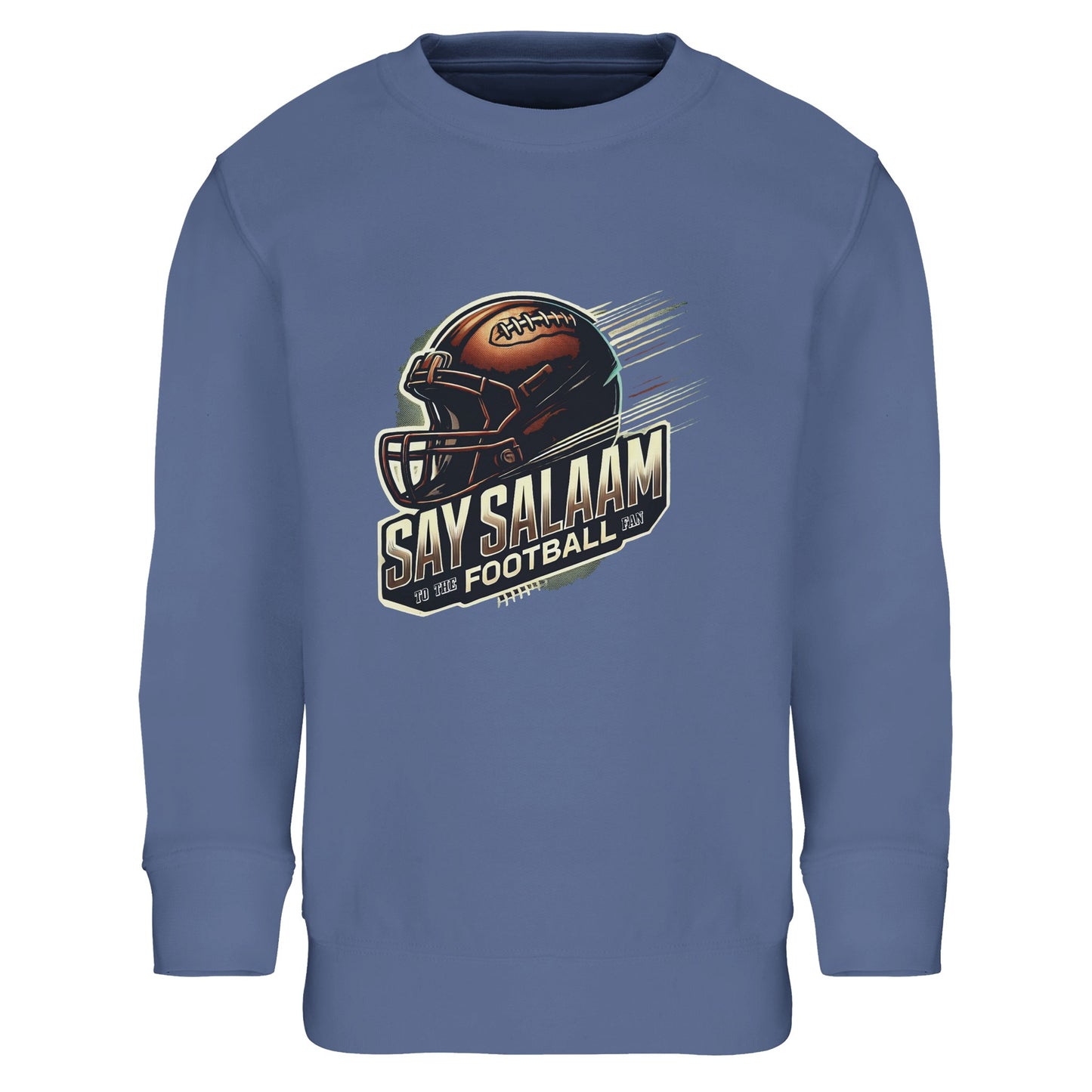 Say Salaam to the American Football Fan Design #1 Part-Recycled Cotton-Poly Kids Sweatshirt – Blue / Serene Blue. Featuring a striking football helmet and ball graphic, this eco-friendly kids’ jumper blends sporty pride with modest fashion. Ethically made with recycled cotton-poly, it’s soft, durable and versatile for play, school, salah breaks or gameday viewing. Ideal for young gridiron fans who want comfort and sustainable style.