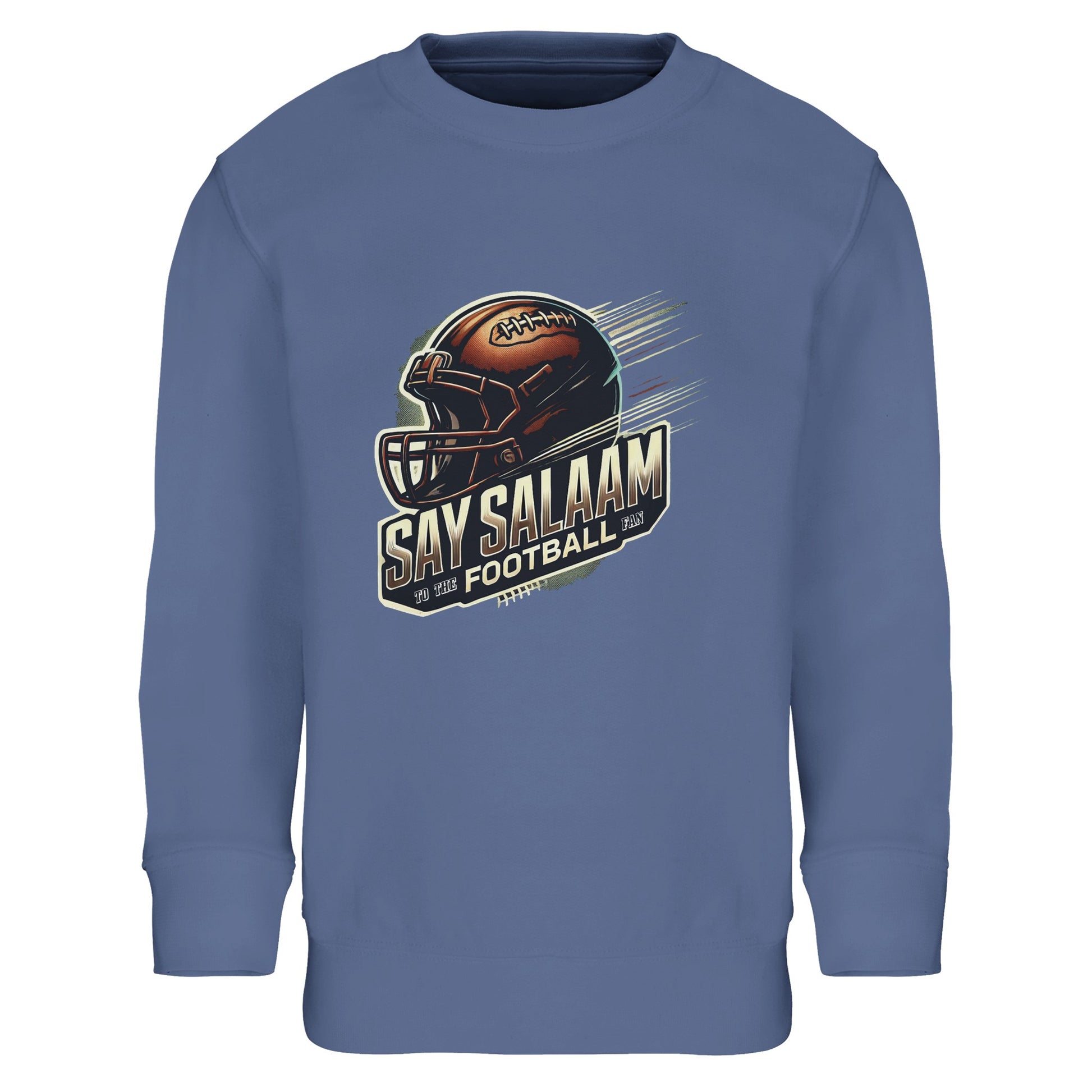 Say Salaam to the American Football Fan Design #1 Part-Recycled Cotton-Poly Kids Sweatshirt – Blue / Serene Blue. Featuring a striking football helmet and ball graphic, this eco-friendly kids’ jumper blends sporty pride with modest fashion. Ethically made with recycled cotton-poly, it’s soft, durable and versatile for play, school, salah breaks or gameday viewing. Ideal for young gridiron fans who want comfort and sustainable style.