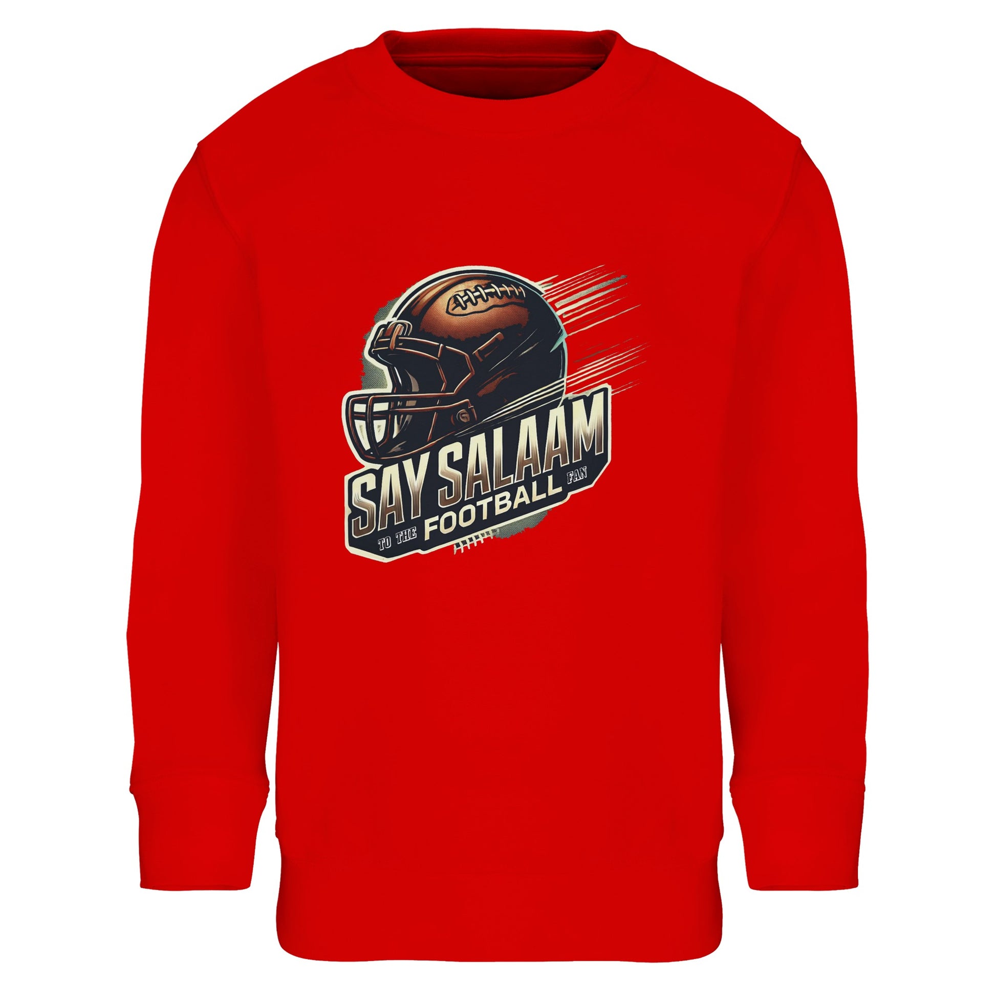 Say Salaam to the American Football Fan Design #1 Part-Recycled Cotton-Poly Kids Sweatshirt – Bright Red / Scarlet. A standout sustainable jumper with bold helmet and ball design for young American football fans. Long-sleeved, modest and ethically produced with recycled fibres, it’s perfect for vibrant matchday energy, school or mosque wear. A streetwear piece combining sporty pride, faith-friendly comfort and eco-conscious fashion.
