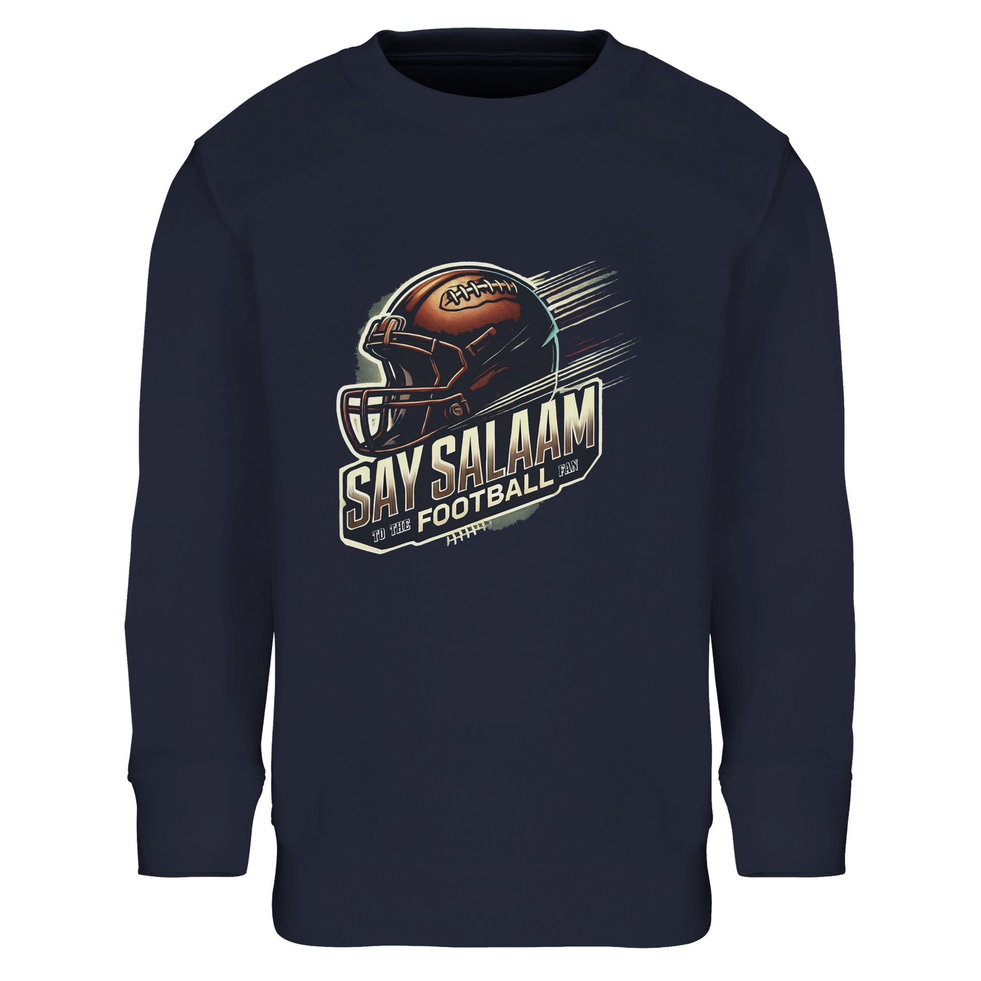 Say Salaam to the American Football Fan Design #1 Part-Recycled Cotton-Poly Kids Sweatshirt – French Navy / Ebony Clay. A dark, stylish jumper with bold football helmet and ball print. Ethically crafted from soft recycled cotton-poly, this modest long-sleeved sweatshirt works for school, mosque, casual wear or watching the big game. A sustainable, versatile layer for kids balancing faith, comfort and gridiron passion.