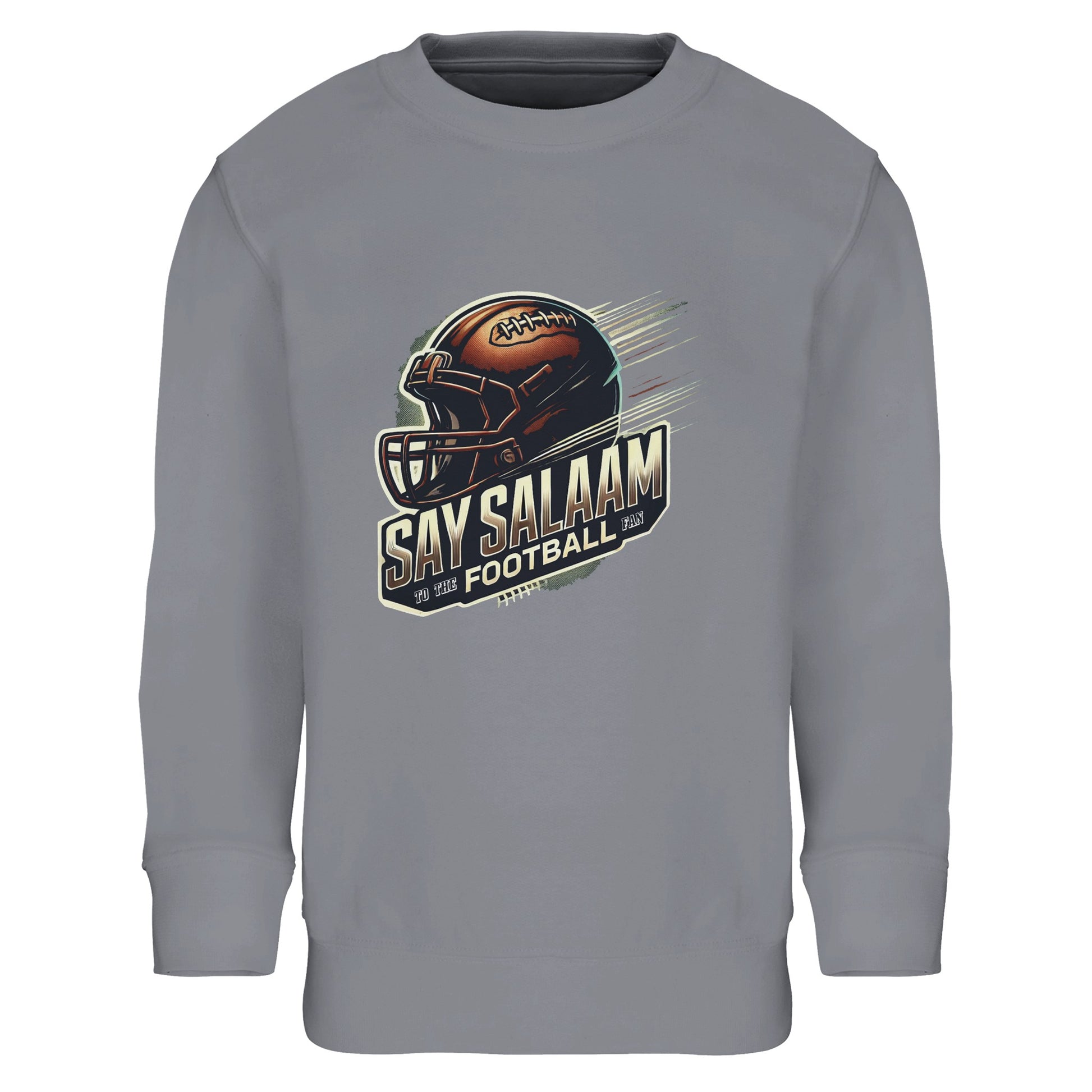 Say Salaam to the American Football Fan Design #1 Part-Recycled Cotton-Poly Kids Sweatshirt – Grey Melange / Heather Grey. A timeless neutral sweatshirt featuring bold helmet and ball graphic. Ethically produced with recycled cotton-poly, it’s modest, durable and breathable. Ideal for school, prayer time, casual wear or gameday excitement. A faith-friendly, sustainable wardrobe staple for young American football supporters.