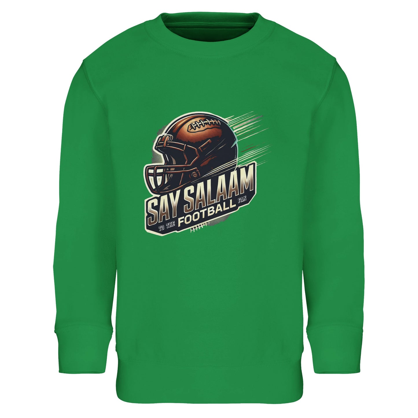 Say Salaam to the American Football Fan Design #1 Part-Recycled Cotton-Poly Kids Sweatshirt – Kelly Green / Creamy Green. A vibrant jumper with bold football helmet and ball graphic, ethically made using recycled fibres. Soft, modest and eco-conscious, it’s perfect for school, training, mosque, or cheering touchdowns. A fresh colourway for young fans combining faith, sustainable fashion and gridiron style.