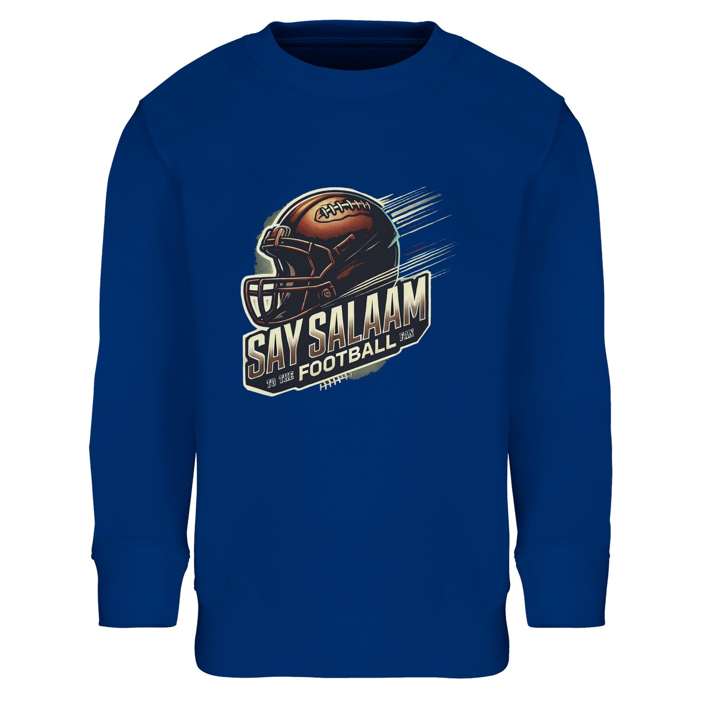Say Salaam to the American Football Fan Design #1 Part-Recycled Cotton-Poly Kids Sweatshirt – Royal Blue / Dark Midnight Blue. A classic bold sweatshirt with striking helmet and ball design. Ethically made from soft recycled cotton-poly for modest comfort and durability. Perfect for school, prayers, casual wear or matchday streams. A sustainable piece for youth football lovers who honour faith, style and eco-conscious choices.