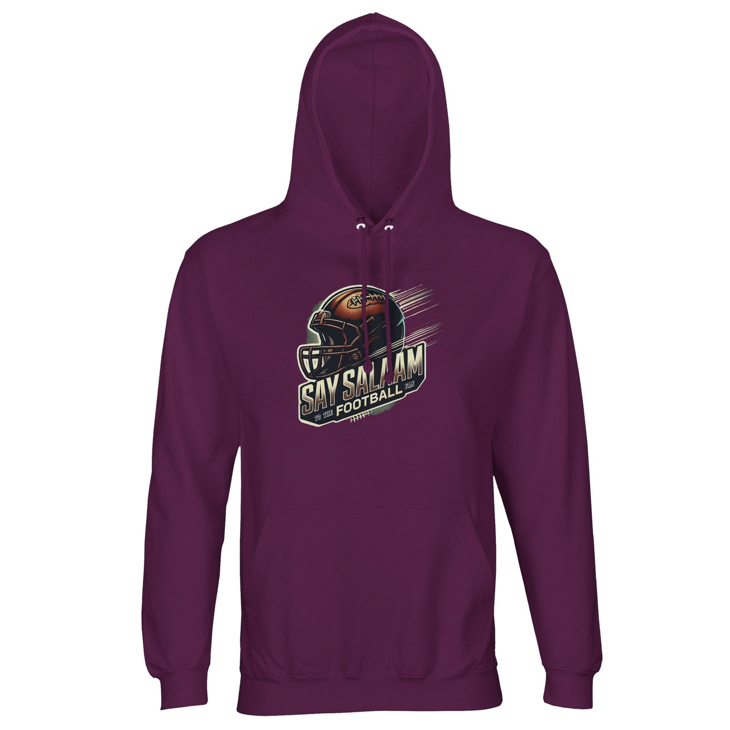 Say Salaam to the American Football Fan Design #1 Part-Recycled Unisex Cotton-Poly Hoodie – Astral Purple / Wine Berry. For those who like bold tones and balanced intentions, this rich purple hoodie combines a flair for fandom with a commitment to modesty. Featuring a powerful player silhouette and made from ethical, recycled fabric, it’s ideal for post-taraweeh game nights or quiet support from the sofa. Faith-friendly, badge-free, and built for believers who honour both sport and salah.