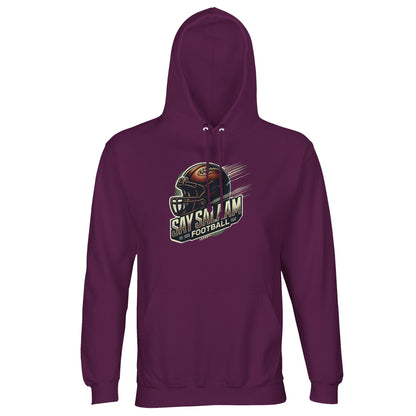Say Salaam to the American Football Fan Design #1 Part-Recycled Unisex Cotton-Poly Hoodie – Astral Purple / Wine Berry. For those who like bold tones and balanced intentions, this rich purple hoodie combines a flair for fandom with a commitment to modesty. Featuring a powerful player silhouette and made from ethical, recycled fabric, it’s ideal for post-taraweeh game nights or quiet support from the sofa. Faith-friendly, badge-free, and built for believers who honour both sport and salah.