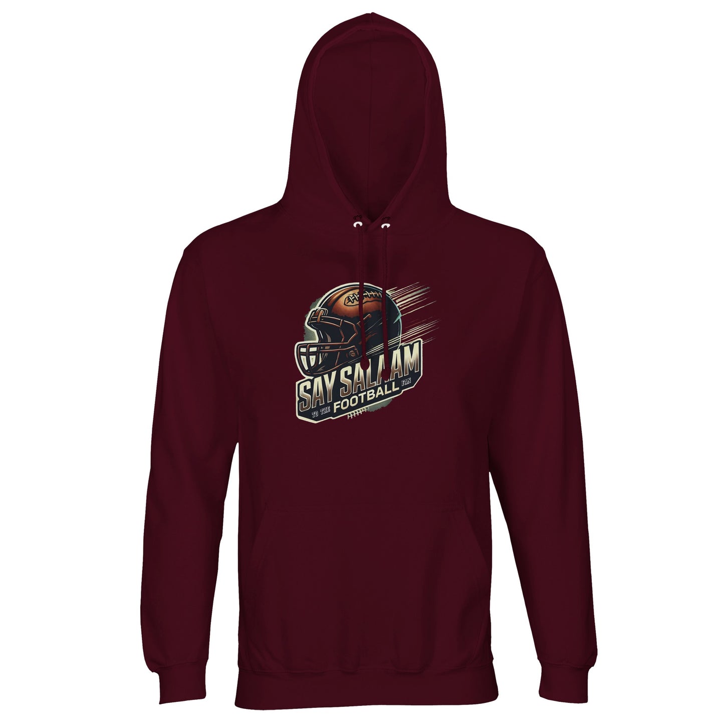 Say Salaam to the American Football Fan Design #1 Part-Recycled Unisex Cotton-Poly Hoodie – Burgundy / Dark Maroon. Deep, rich and ready for believers who support the game with soul. With a bold graphic and ethically made comfort, this badge-free hoodie fits seamlessly into modest wardrobes and matchday routines. Built for layering during cold fixtures, pre-game du’as or post-match shawarma, it’s a respectful salute to football fandom that blends faith, streetwear and recycled style.