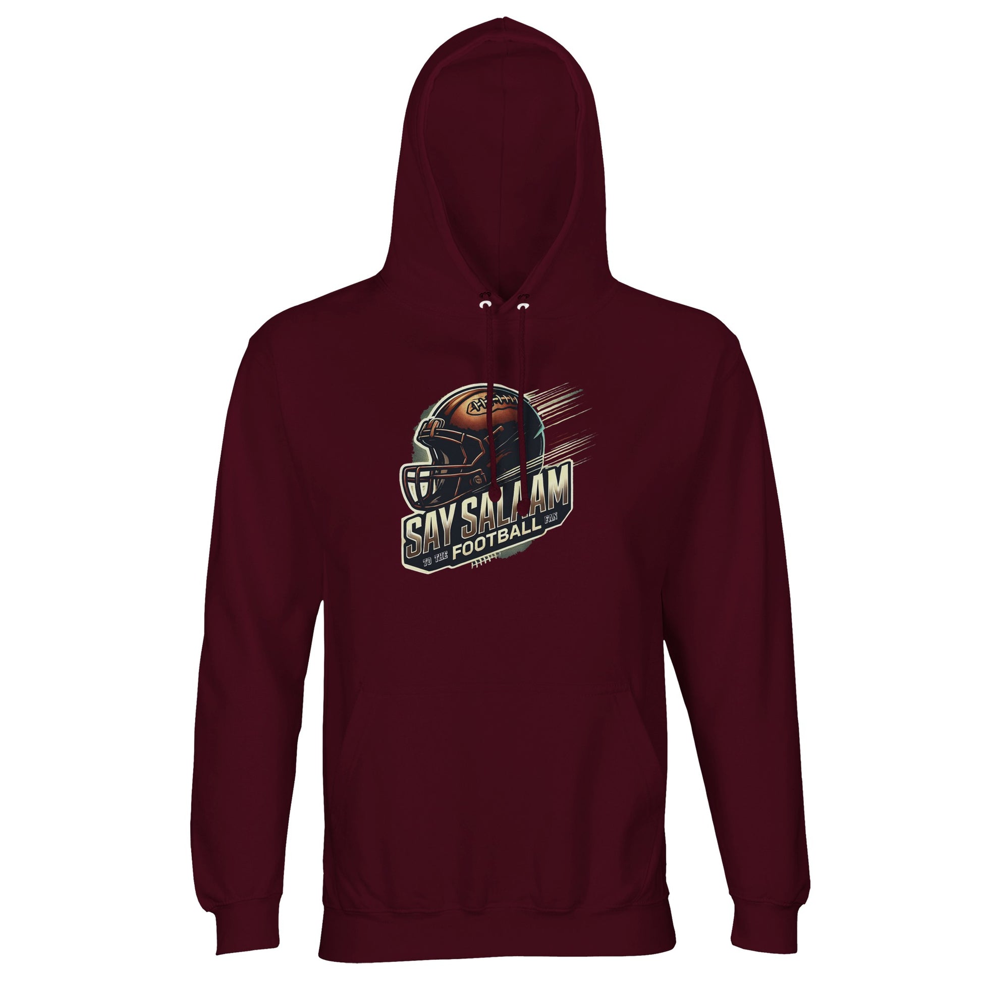 Say Salaam to the American Football Fan Design #1 Part-Recycled Unisex Cotton-Poly Hoodie – Burgundy / Dark Maroon. Deep, rich and ready for believers who support the game with soul. With a bold graphic and ethically made comfort, this badge-free hoodie fits seamlessly into modest wardrobes and matchday routines. Built for layering during cold fixtures, pre-game du’as or post-match shawarma, it’s a respectful salute to football fandom that blends faith, streetwear and recycled style.