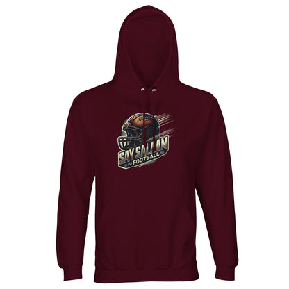 Say Salaam to the American Football Fan Design #1 Part-Recycled Unisex Cotton-Poly Hoodie – Burgundy / Dark Maroon. Deep, rich and ready for believers who support the game with soul. With a bold graphic and ethically made comfort, this badge-free hoodie fits seamlessly into modest wardrobes and matchday routines. Built for layering during cold fixtures, pre-game du’as or post-match shawarma, it’s a respectful salute to football fandom that blends faith, streetwear and recycled style.