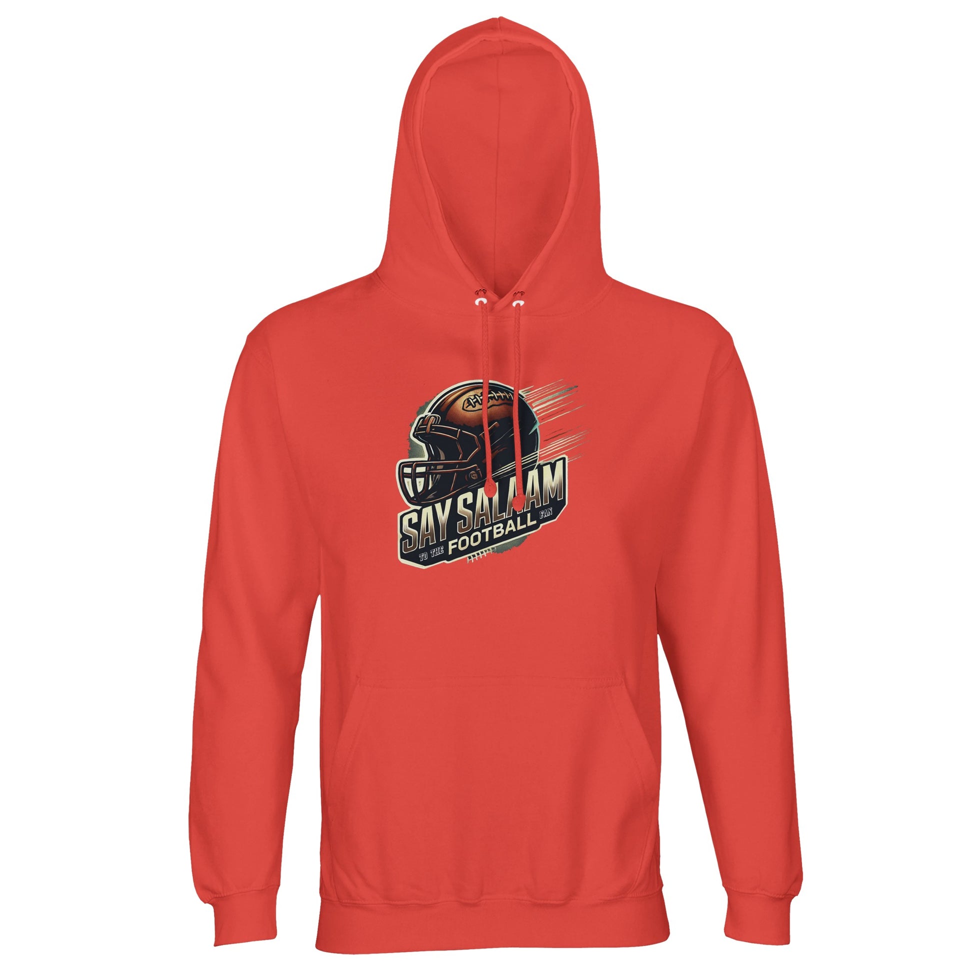 Say Salaam to the American Football Fan Design #1 Part-Recycled Unisex Cotton-Poly Hoodie – Pop Orange / Blaze Red. This fiery colourway brings energy to the game and calm to the soul. A modest pullover made for Muslim fans who rep the gridiron between salah, suhoor, or sideline chats. Featuring a bold player silhouette and made from soft recycled fibres, it offers planet-friendly comfort for touchdown talks, tailgates or streaming playoff hype with family and faith intact.