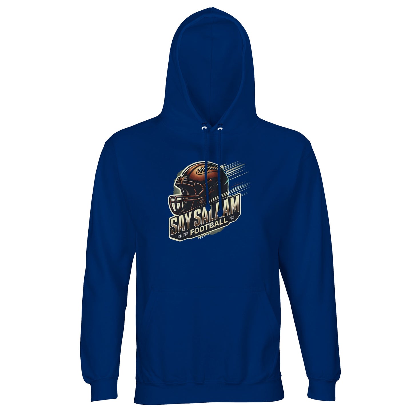 Say Salaam to the American Football Fan Design #1 Part-Recycled Unisex Cotton-Poly Hoodie – Royal Blue / Midnight. Classic, bold and built for faithful fans of the American game, this modest hoodie offers a clean football silhouette and soft recycled warmth. Perfect for praying before the fourth quarter, streaming kickoffs between chores, or repping team pride with a halal-friendly look. Free of club branding, this is for fans who live with both gridiron spirit and spiritual clarity.
